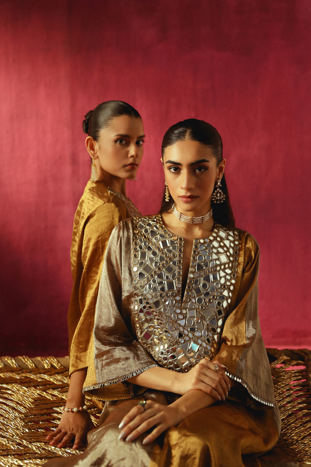 Mirror Embellished Tissue Asym Kurta & Bell Bottoms Set