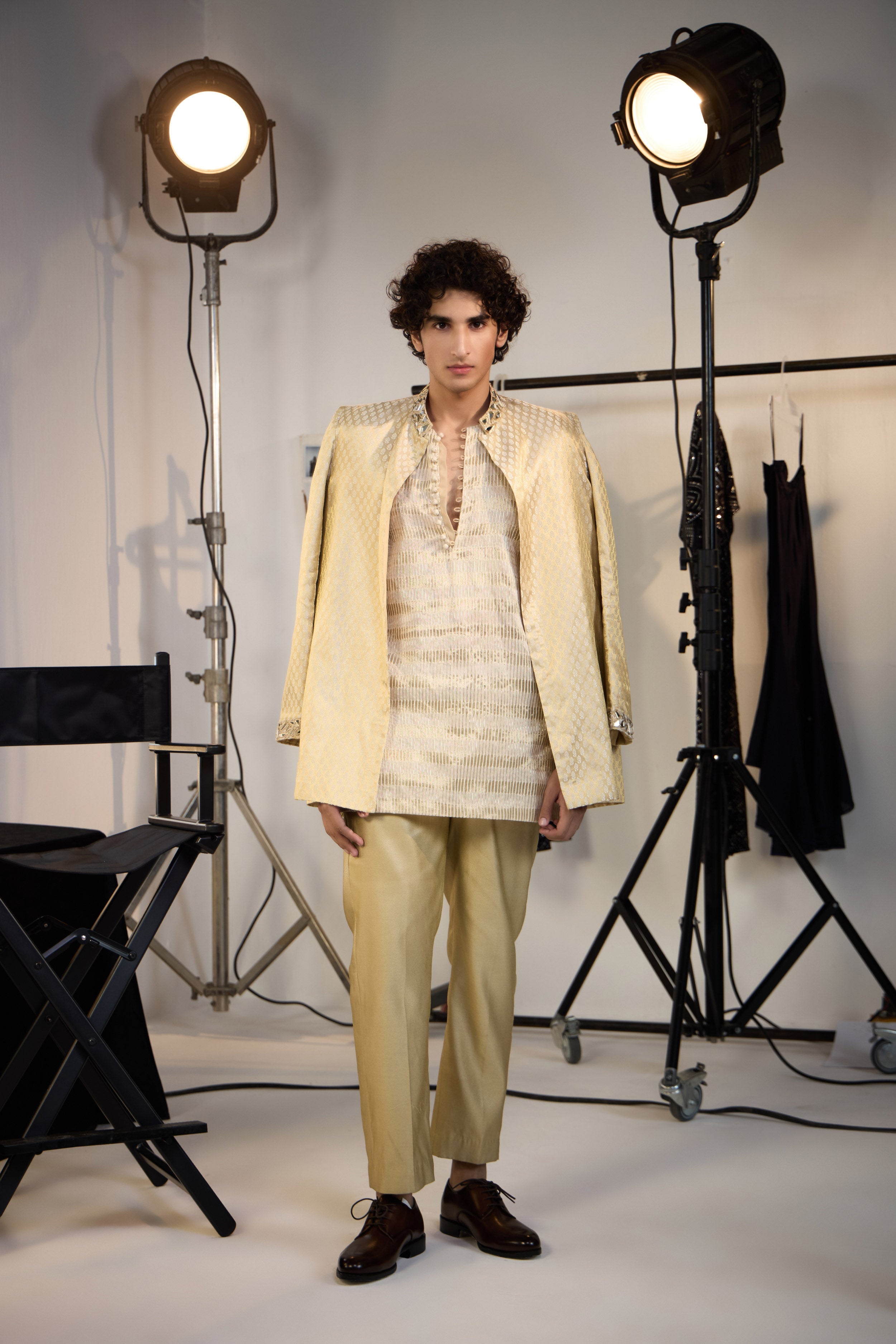 Silver Chanderi Tissue Short Kurta with Potli Button