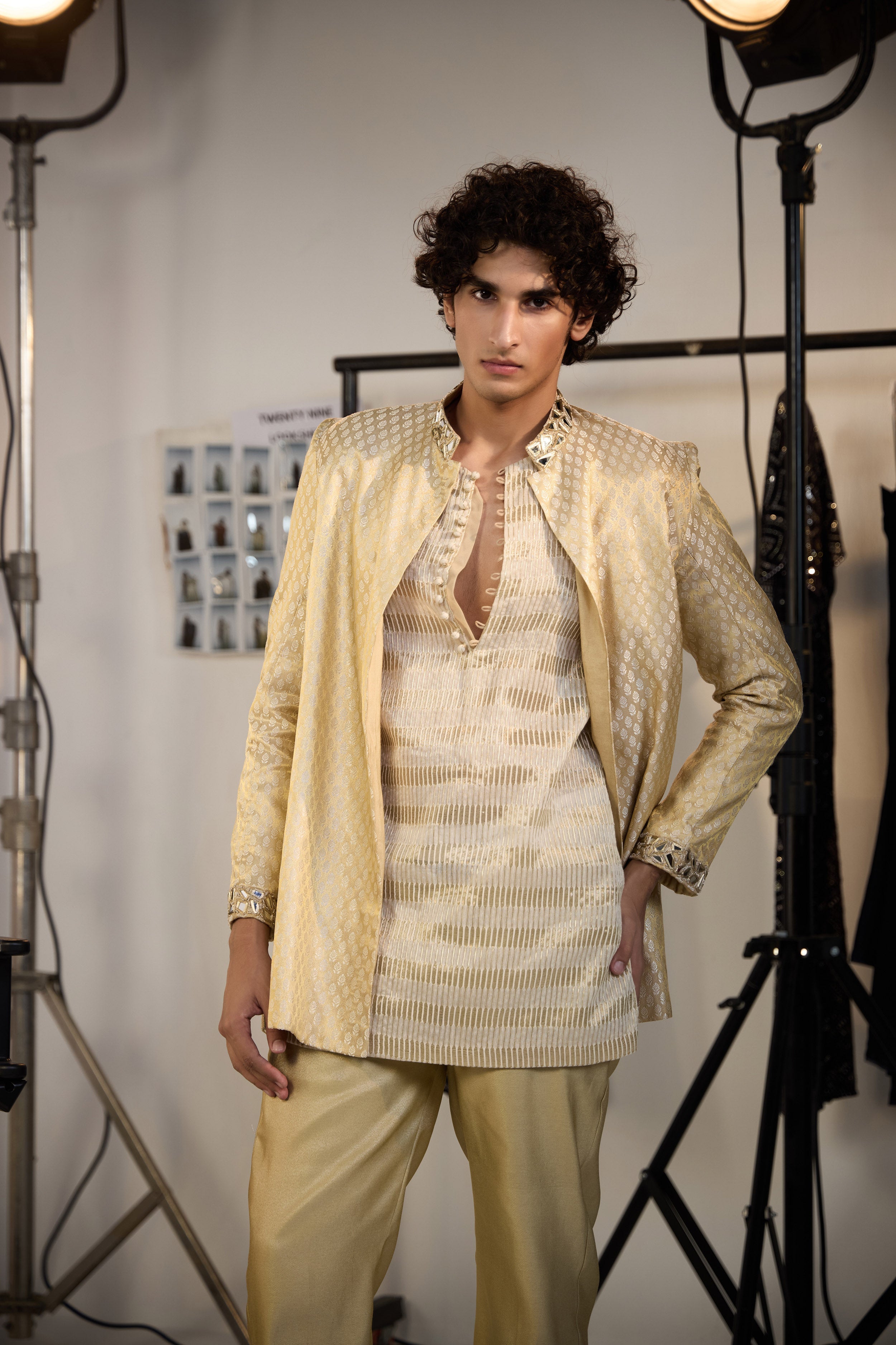Silver Chanderi Tissue Short Kurta with Potli Button