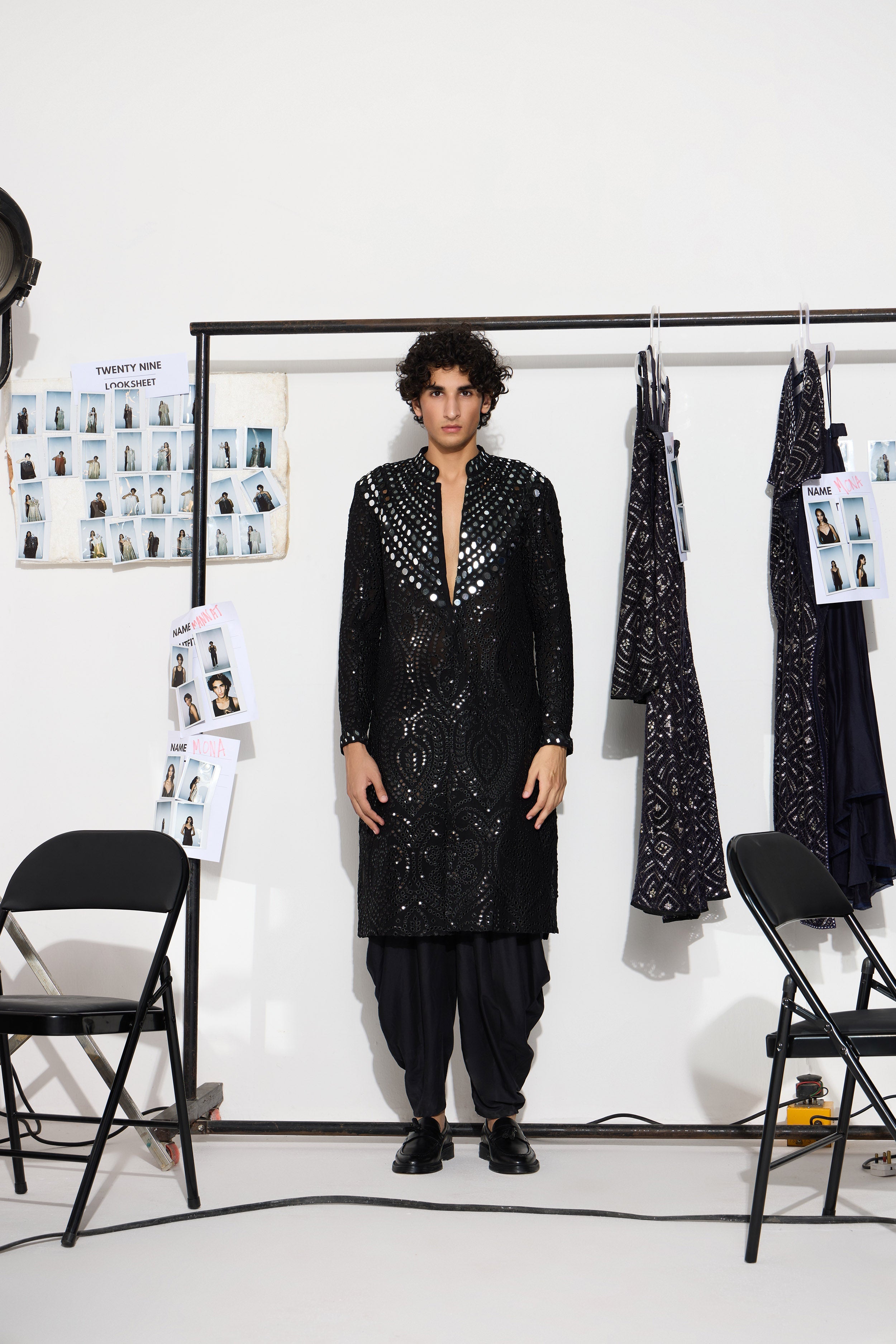 Black Mirrorwork Sherwani With Cowl Dhotis