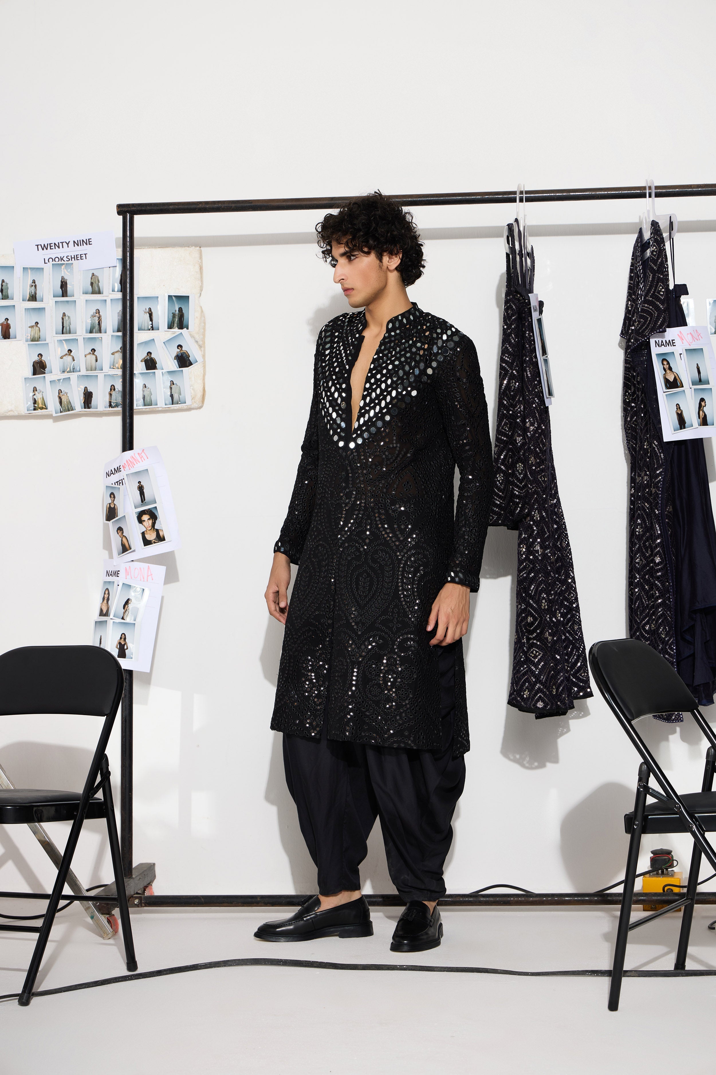 Black Mirrorwork Sherwani With Cowl Dhotis
