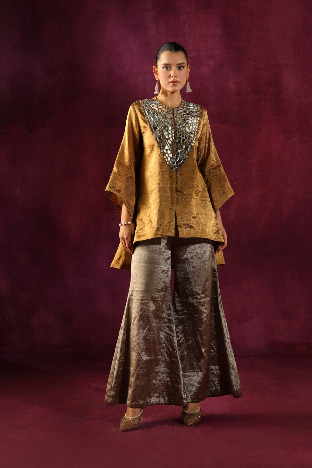 Mirror Embellished Tissue Jacket & Bell Bottoms Set