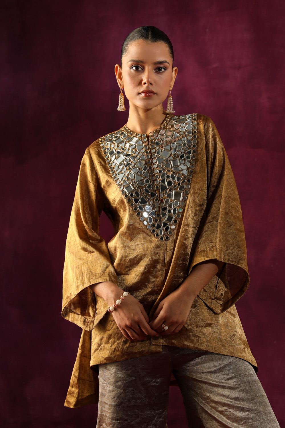 Mirror Embellished Tissue Jacket & Bell Bottoms Set