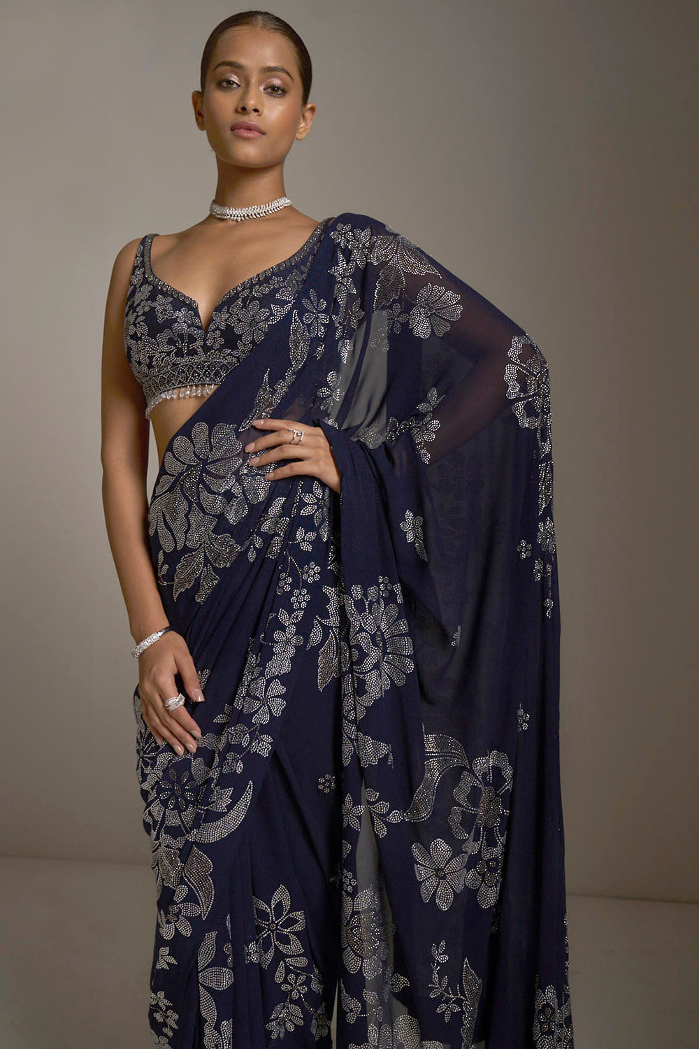 Navy Blue Crystal Saree