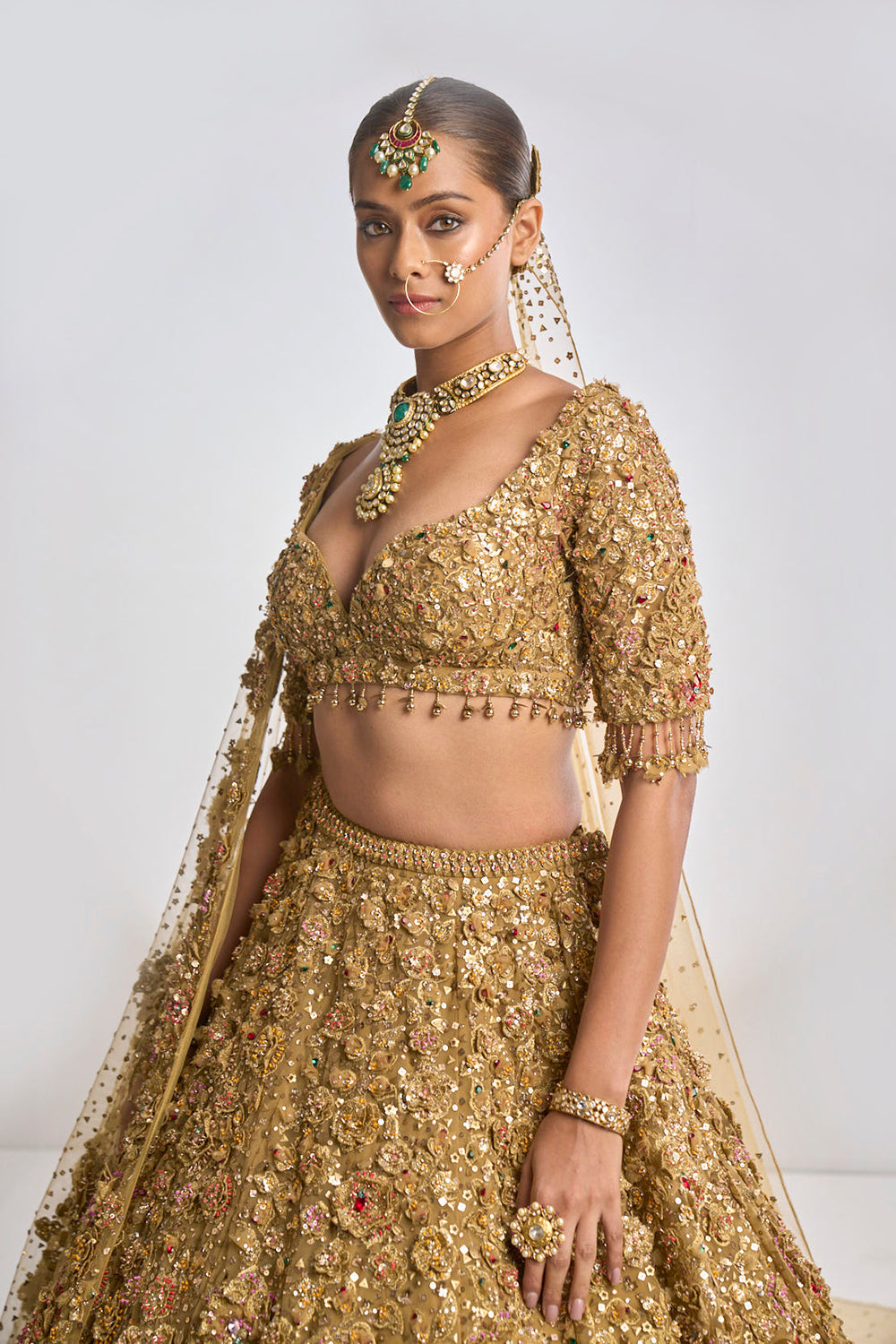 Gold Three-Dimensional Jewel Lehenga Set