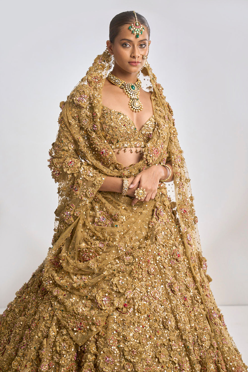 Gold Three-Dimensional Jewel Lehenga Set