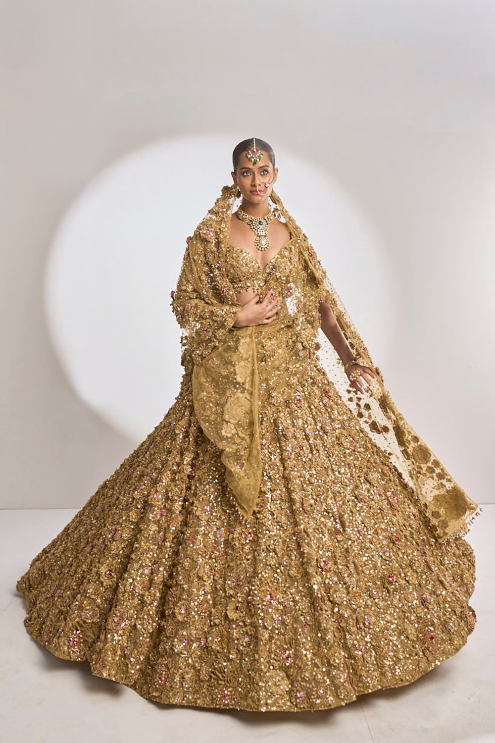 Gold Three-Dimensional Jewel Lehenga Set