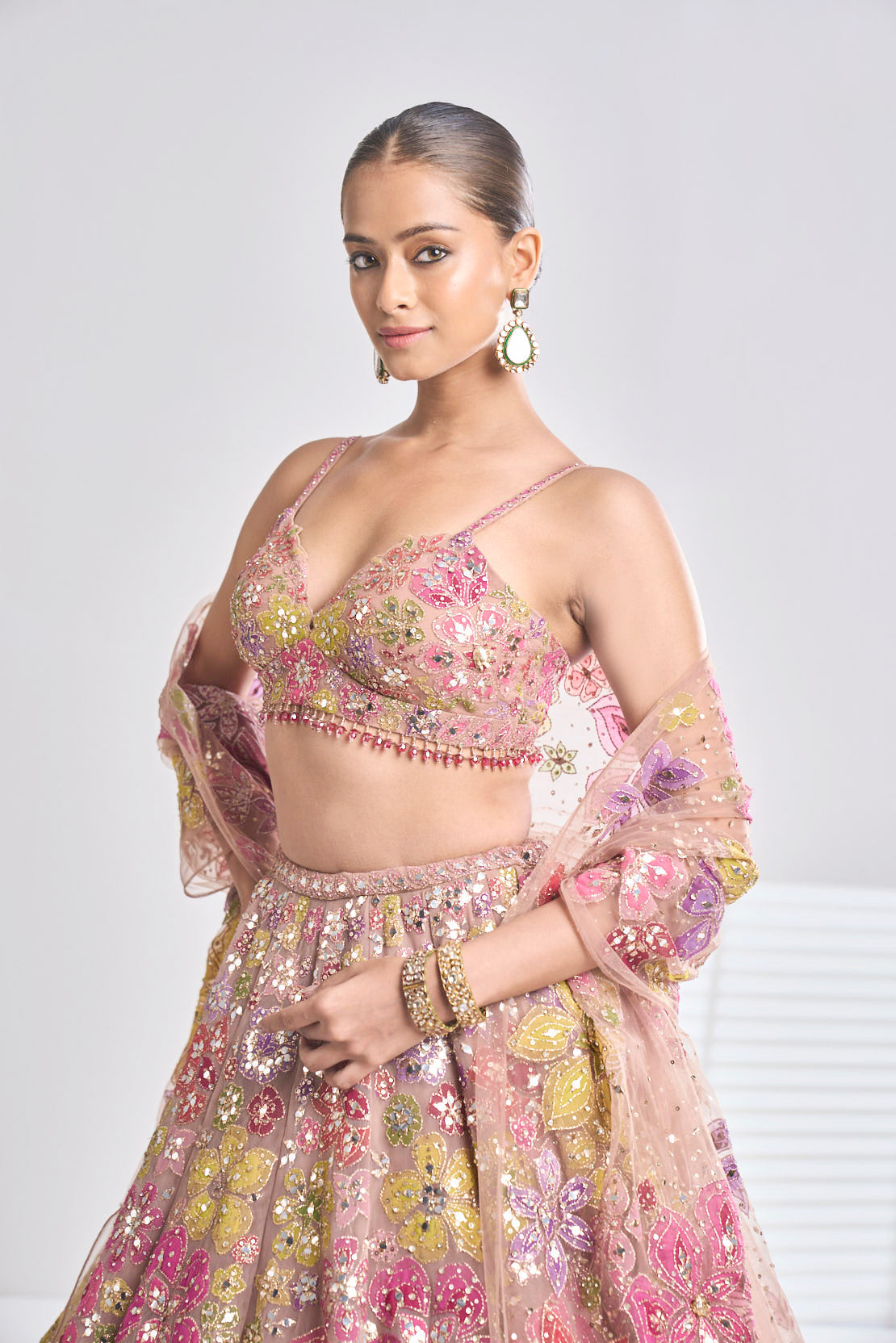 Multi-Coloured Floral Lehenga Set