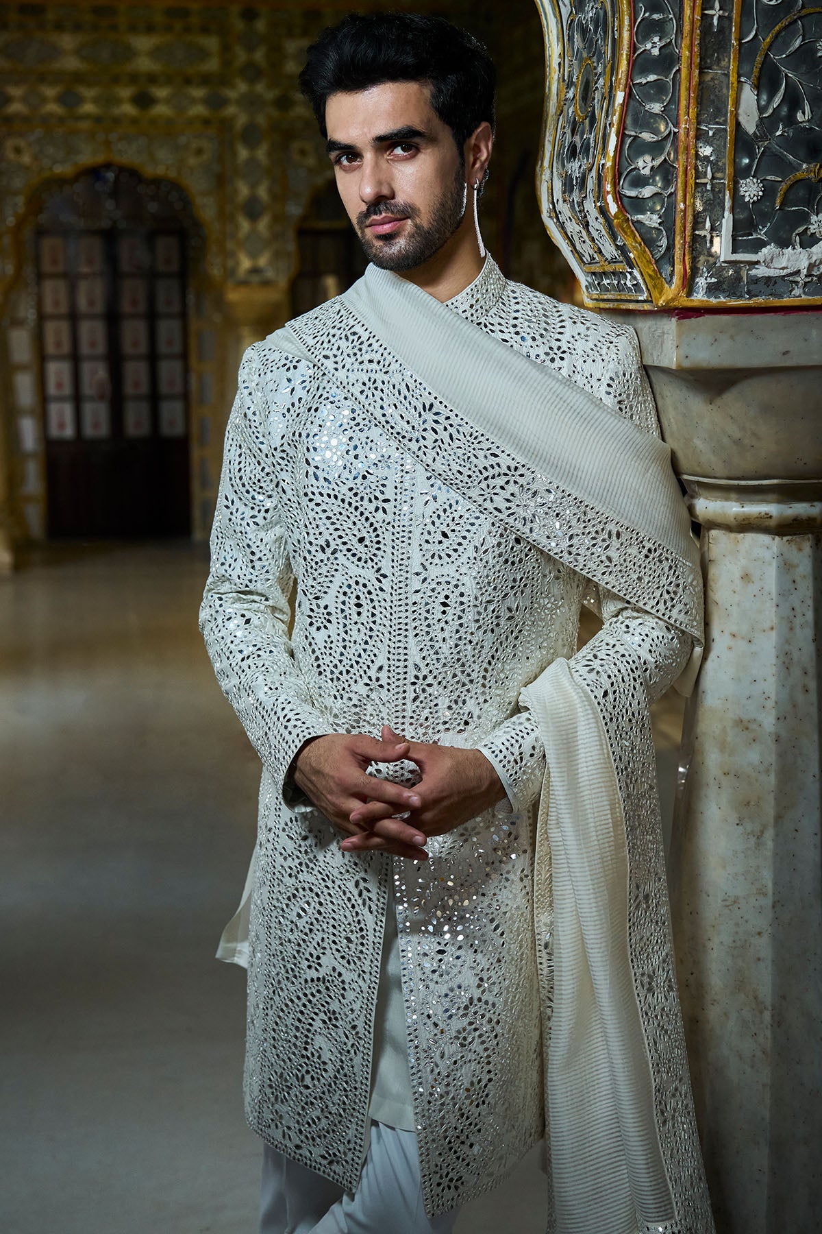 Ivory Mirror Work Sherwani Set