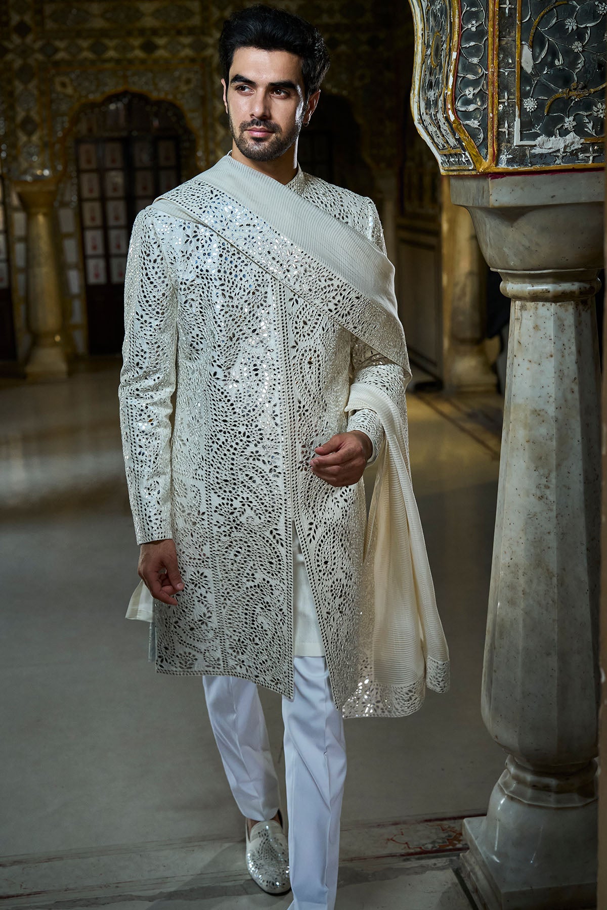 Ivory Mirror Work Sherwani Set