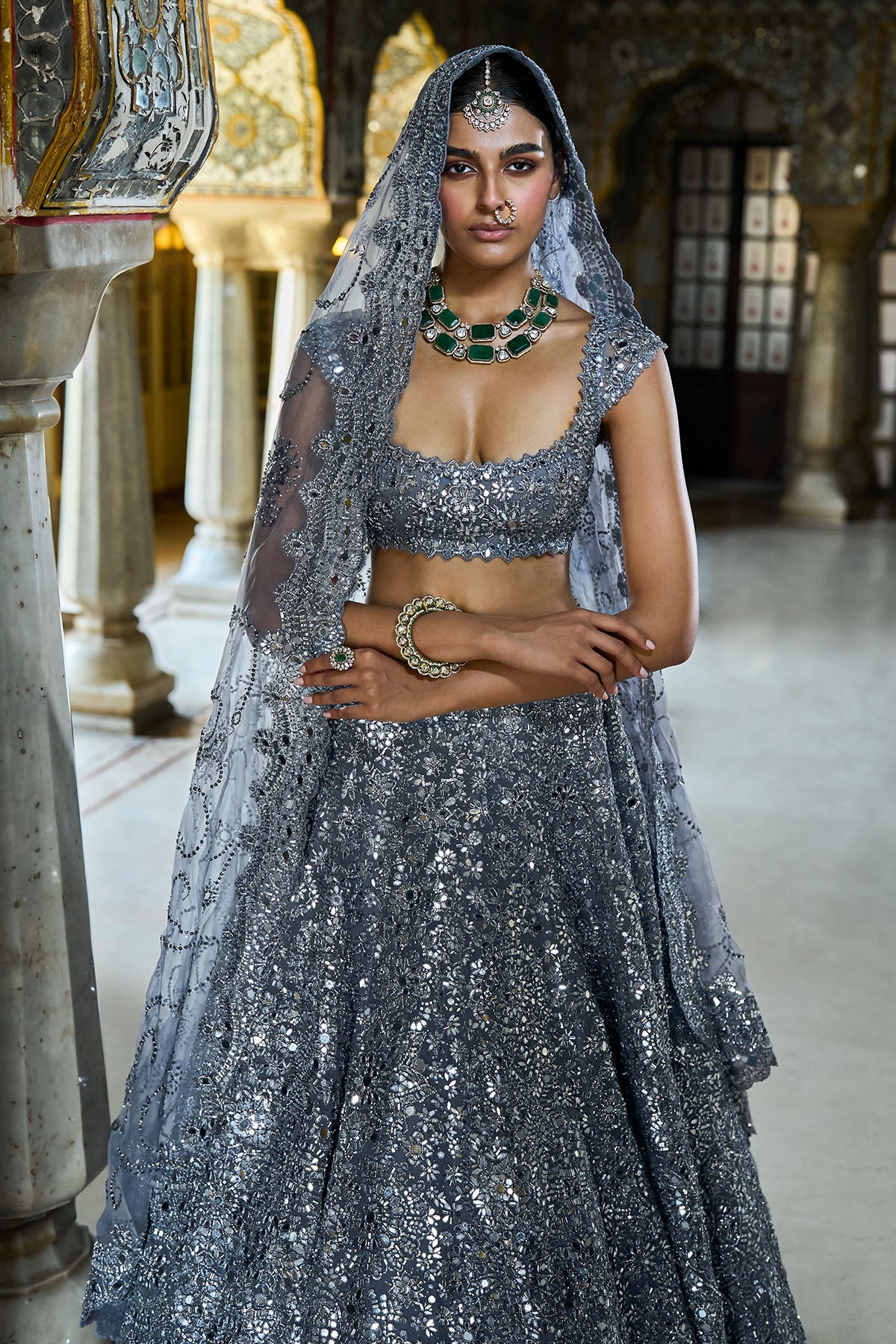 Steel Grey Mirror Work Lehenga Set