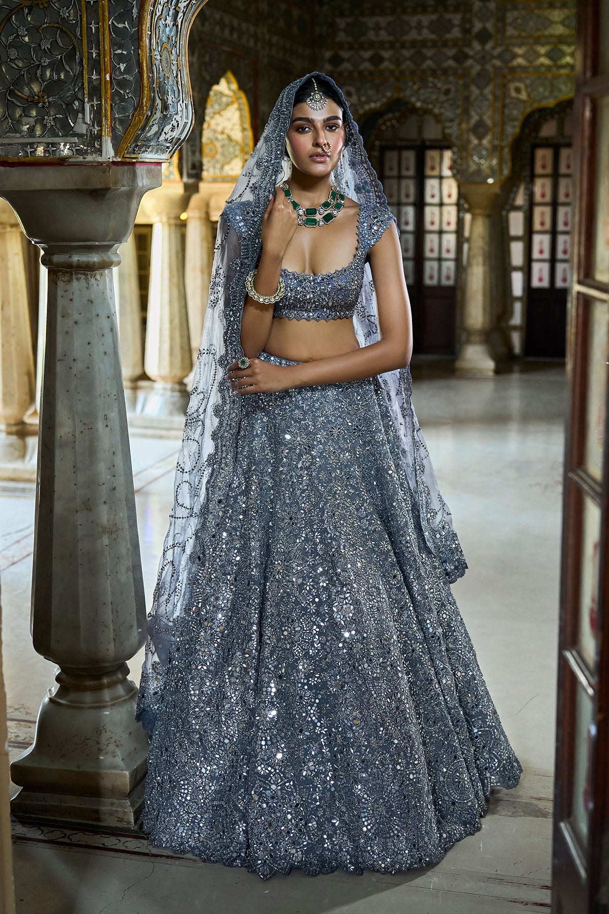 Steel Grey Mirror Work Lehenga Set