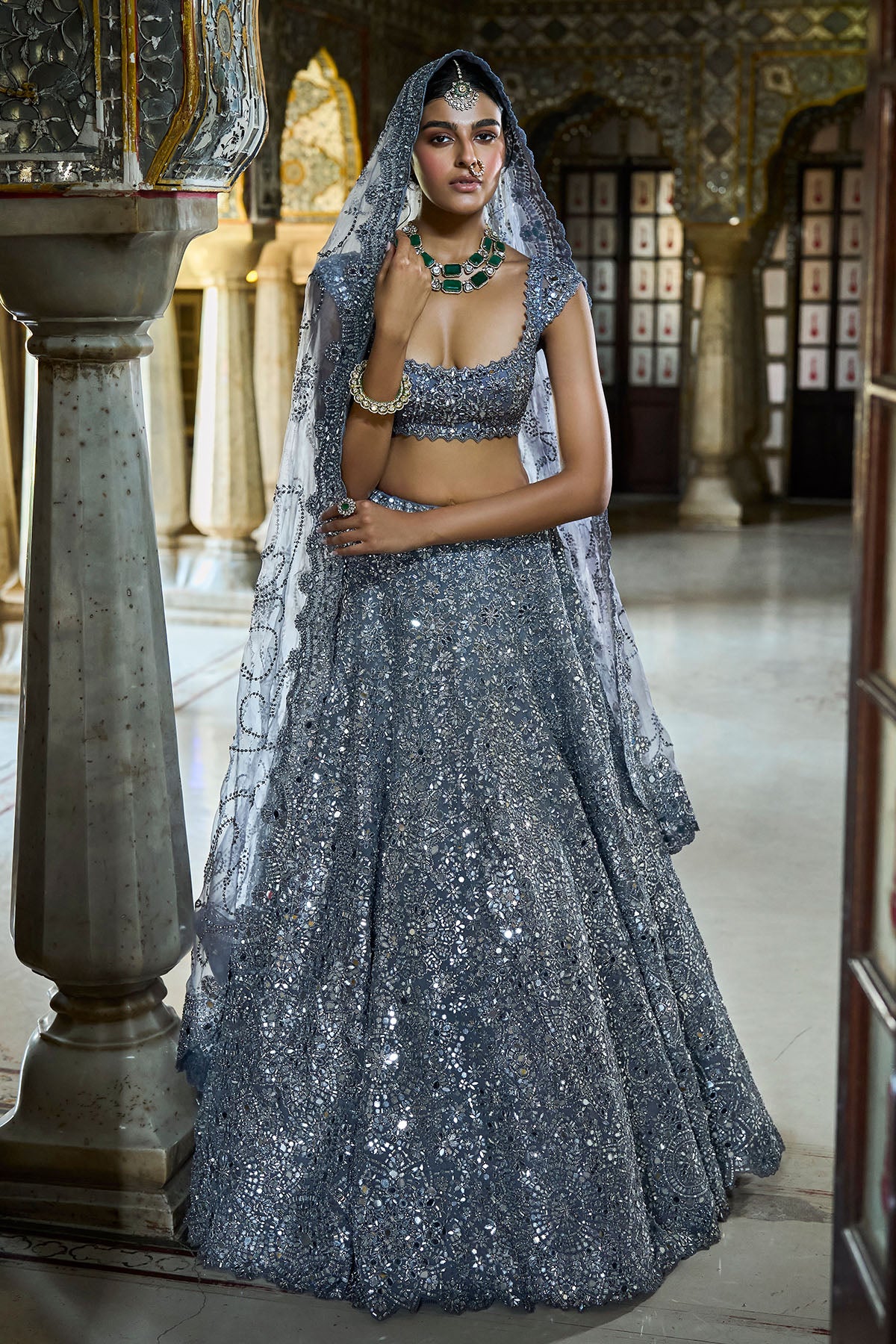 Steel Grey Mirror Work Lehenga Set