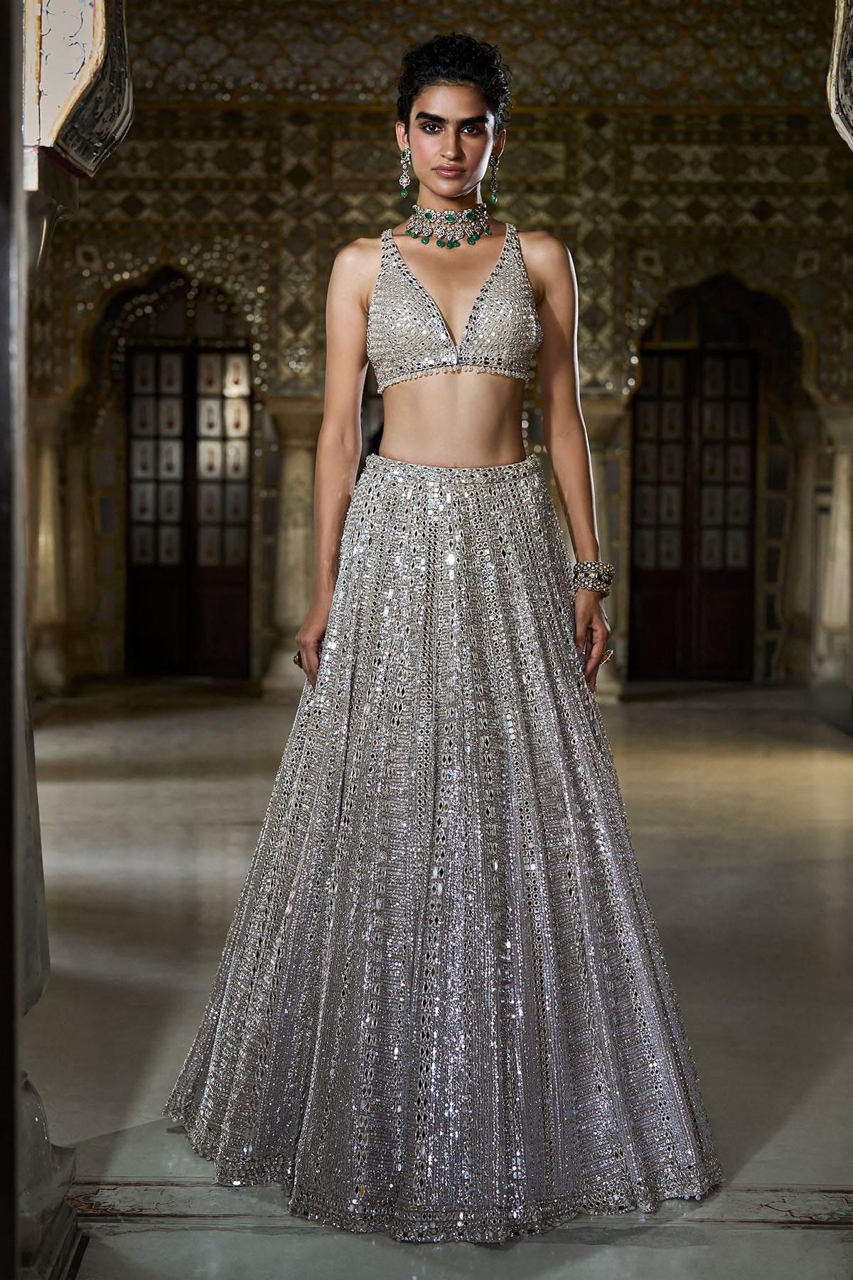 Champagne Mirror Work Lehenga Set