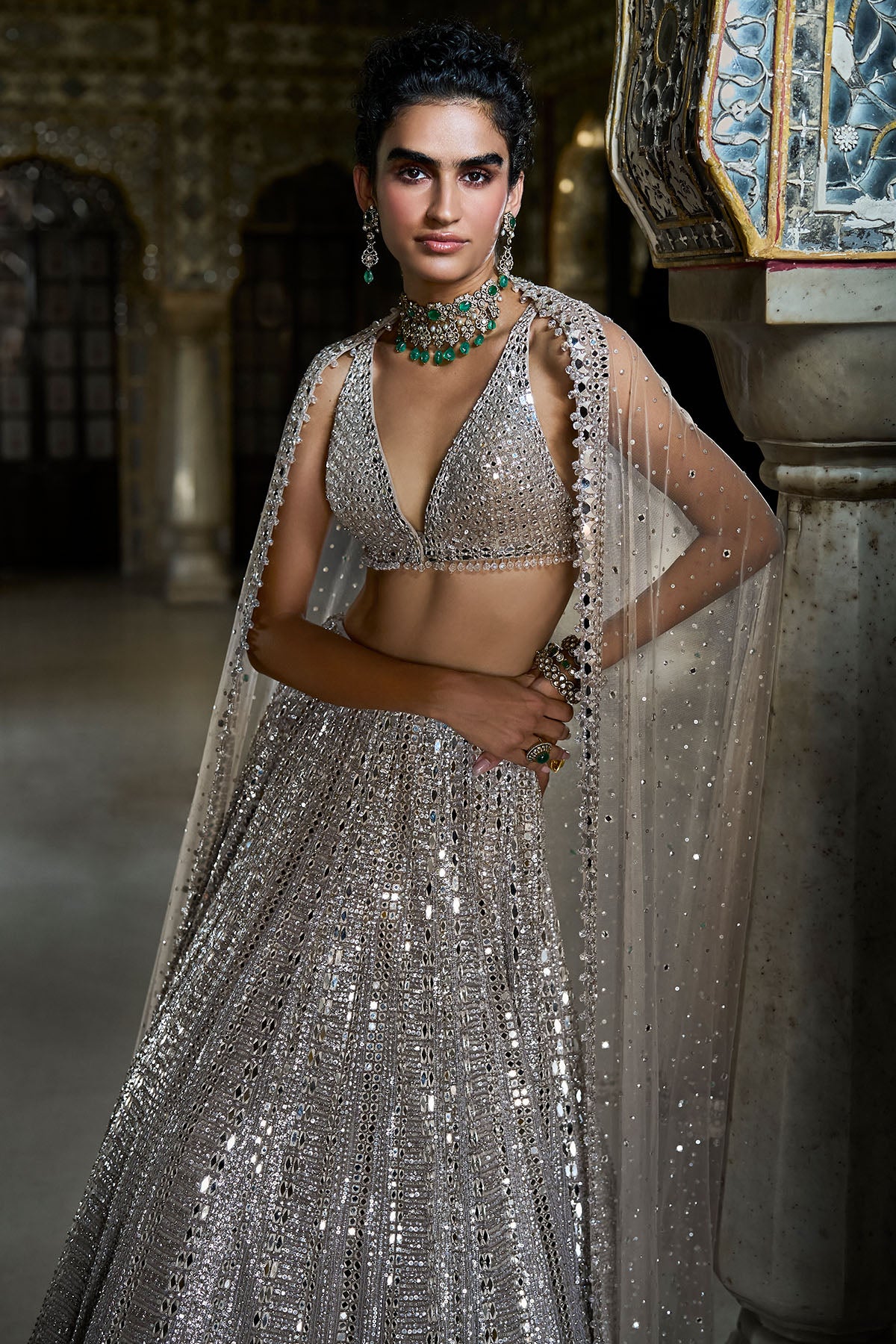 Champagne Mirror Work Lehenga Set