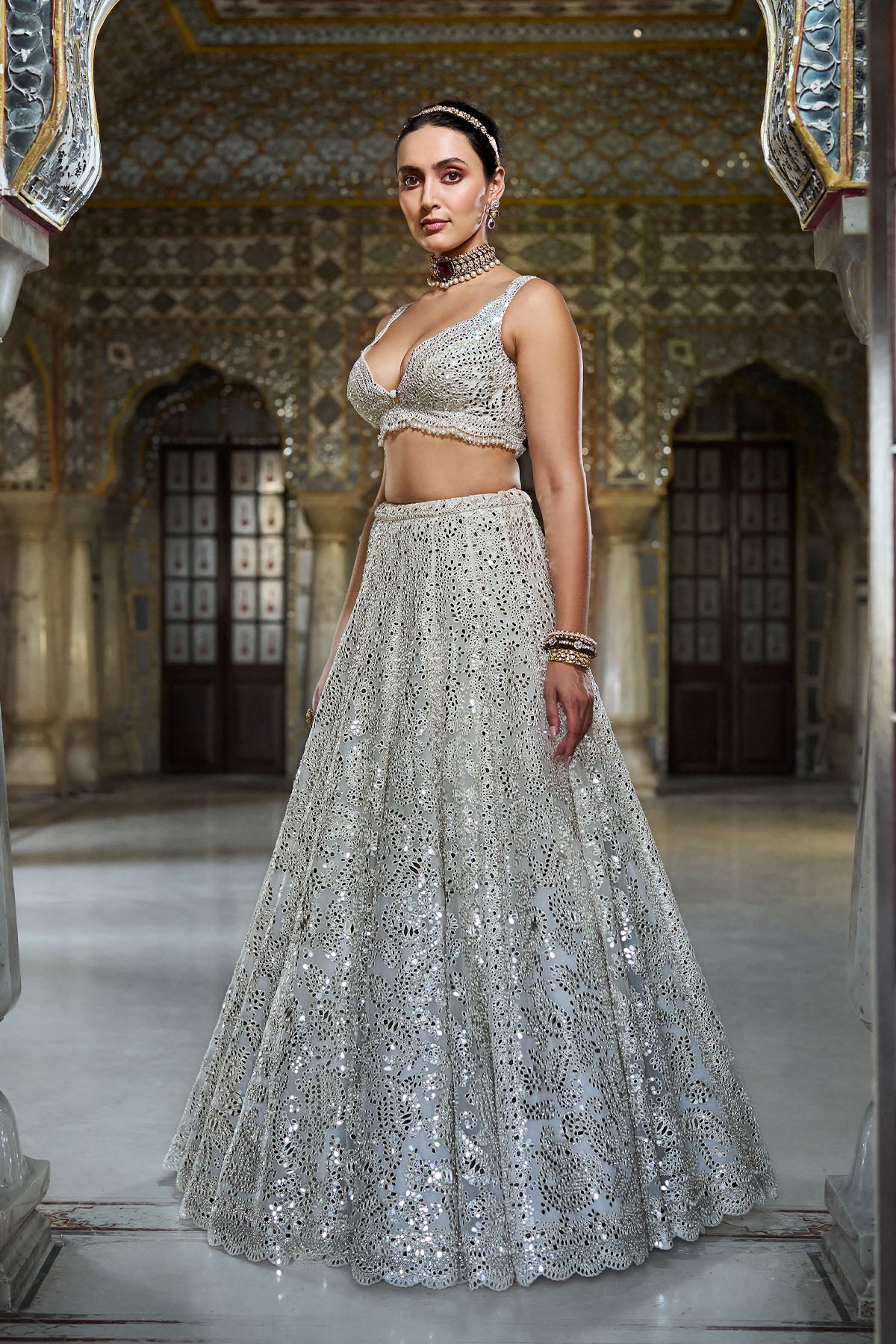 Ivory Mirror Work Lehenga Set