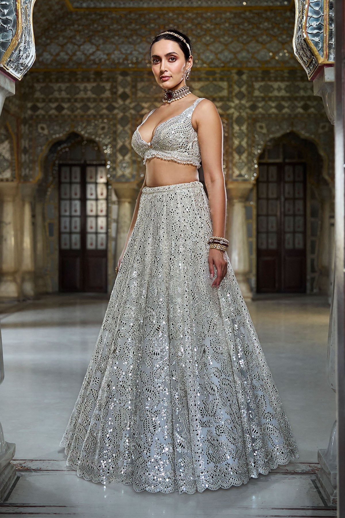 Ivory Mirror Work Lehenga Set