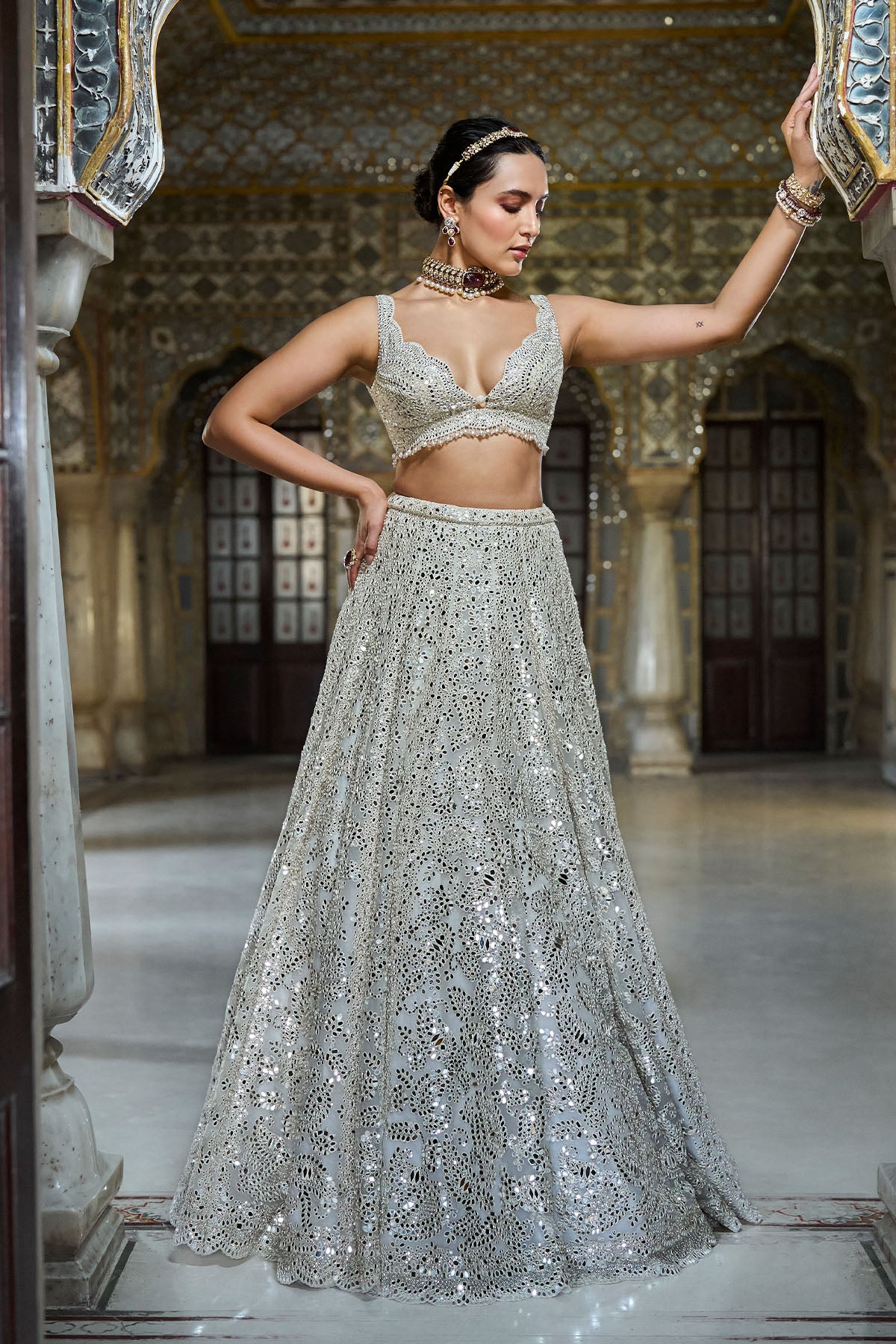 Ivory Mirror Work Lehenga Set