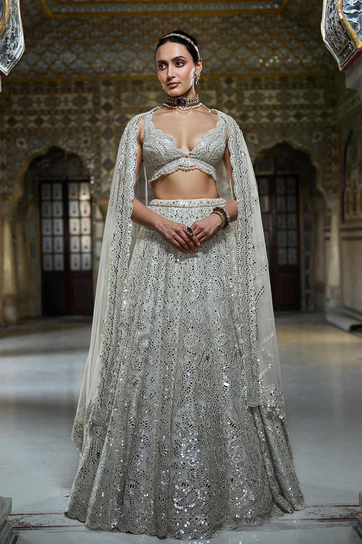 Ivory Mirror Work Lehenga Set