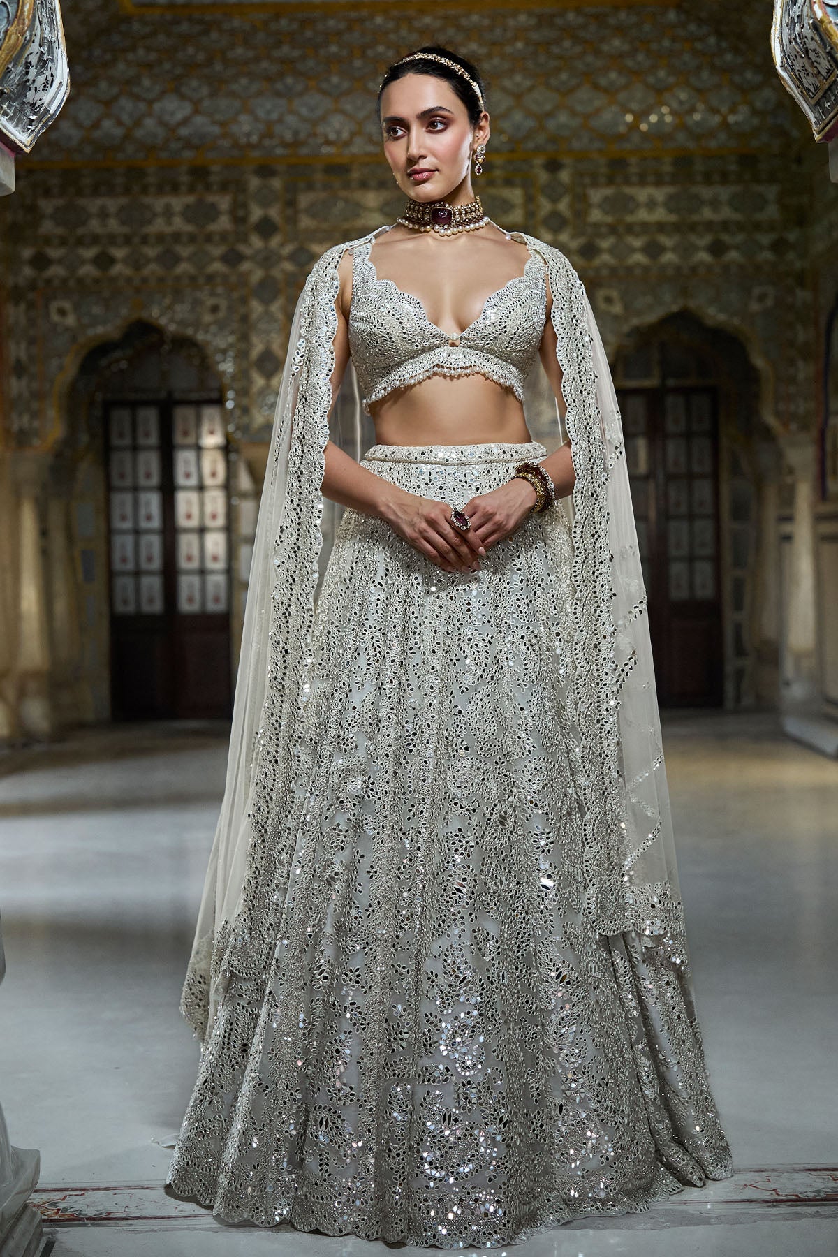 Ivory Mirror Work Lehenga Set