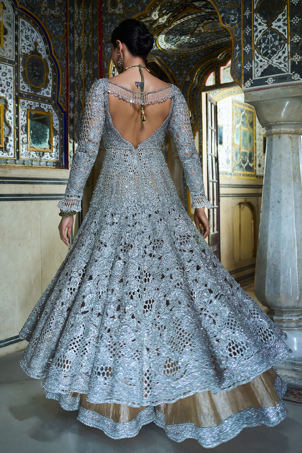 Silver Cut Work Jacket Sharara Set