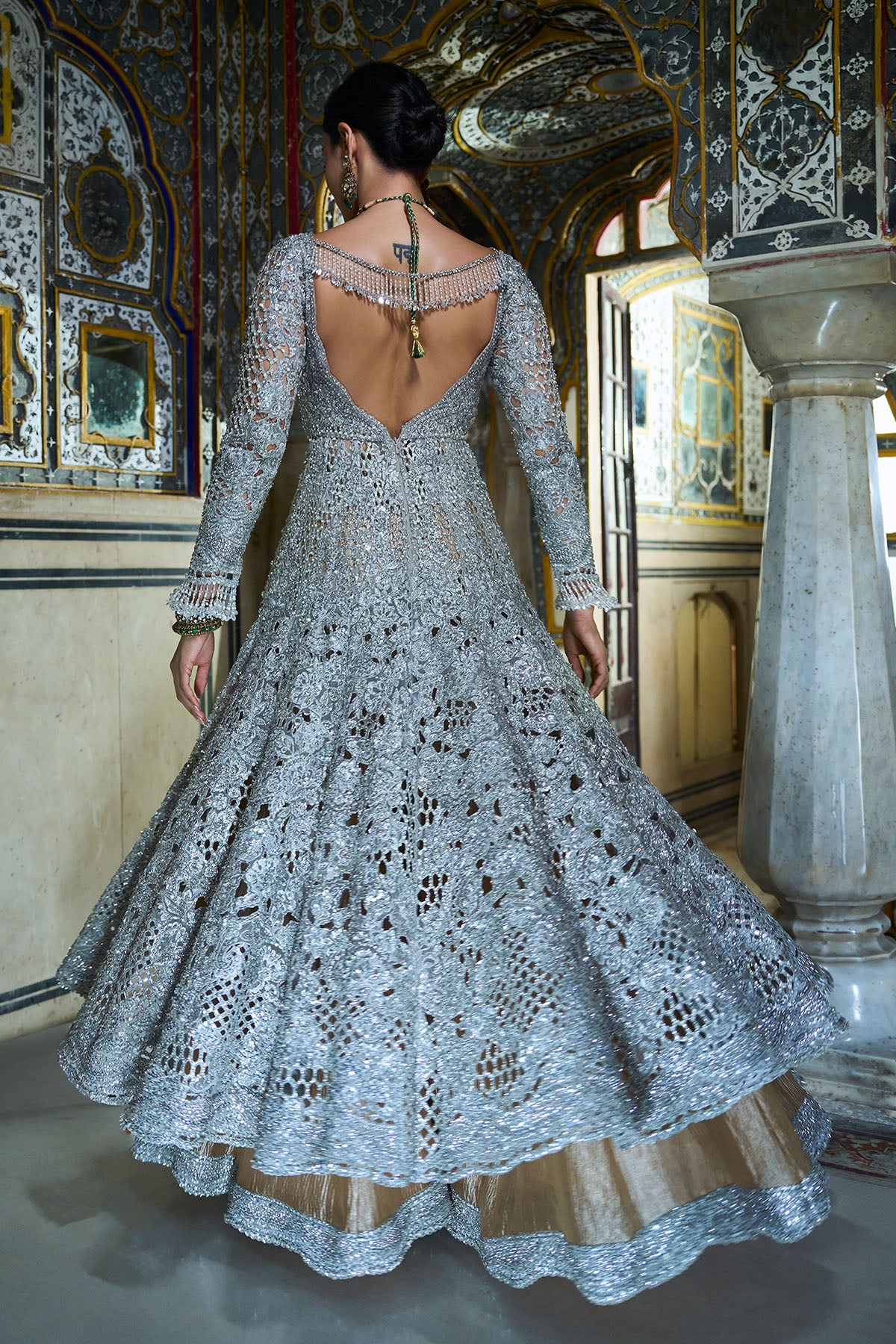 Silver Cut Work Jacket Sharara Set