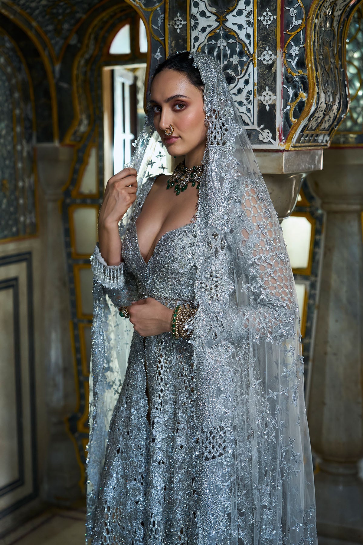 Silver Cut Work Jacket Sharara Set