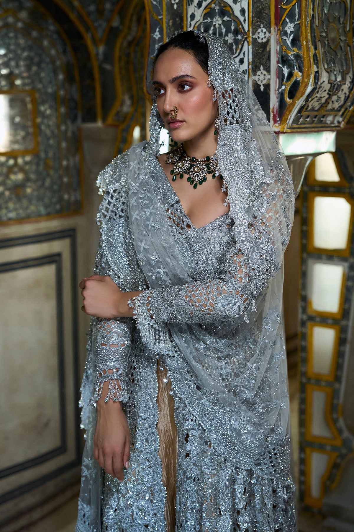 Silver Cut Work Jacket Sharara Set