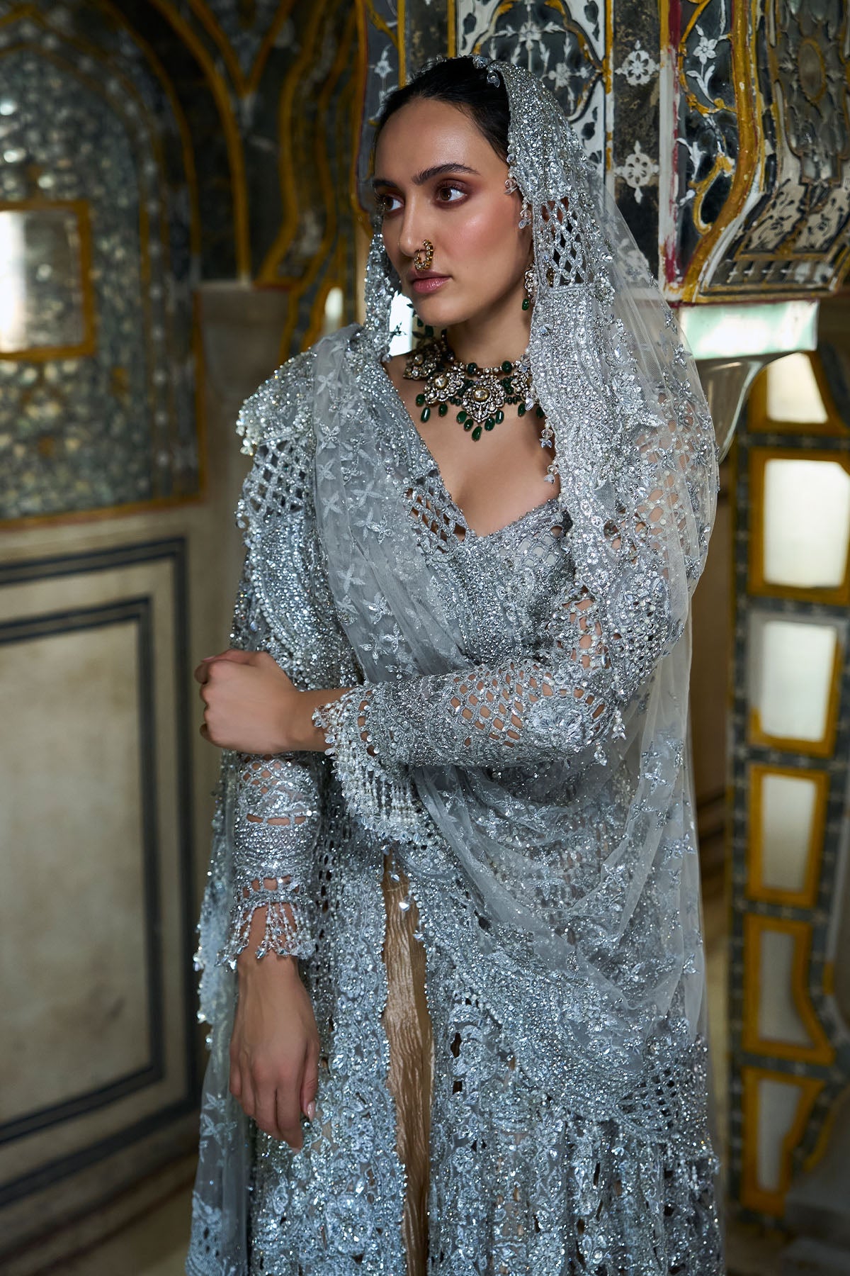 Silver Cut Work Jacket Sharara Set