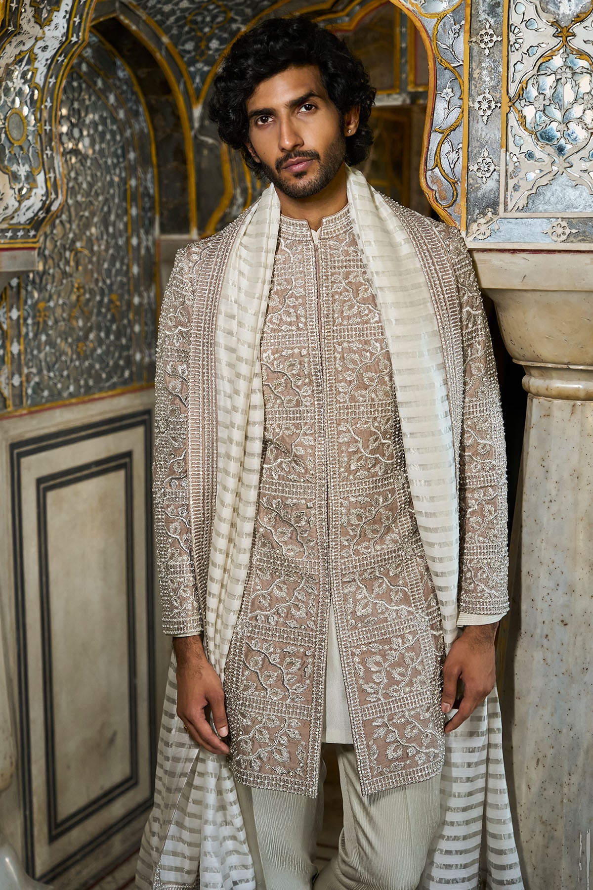 Silver Geometric Sherwani Set