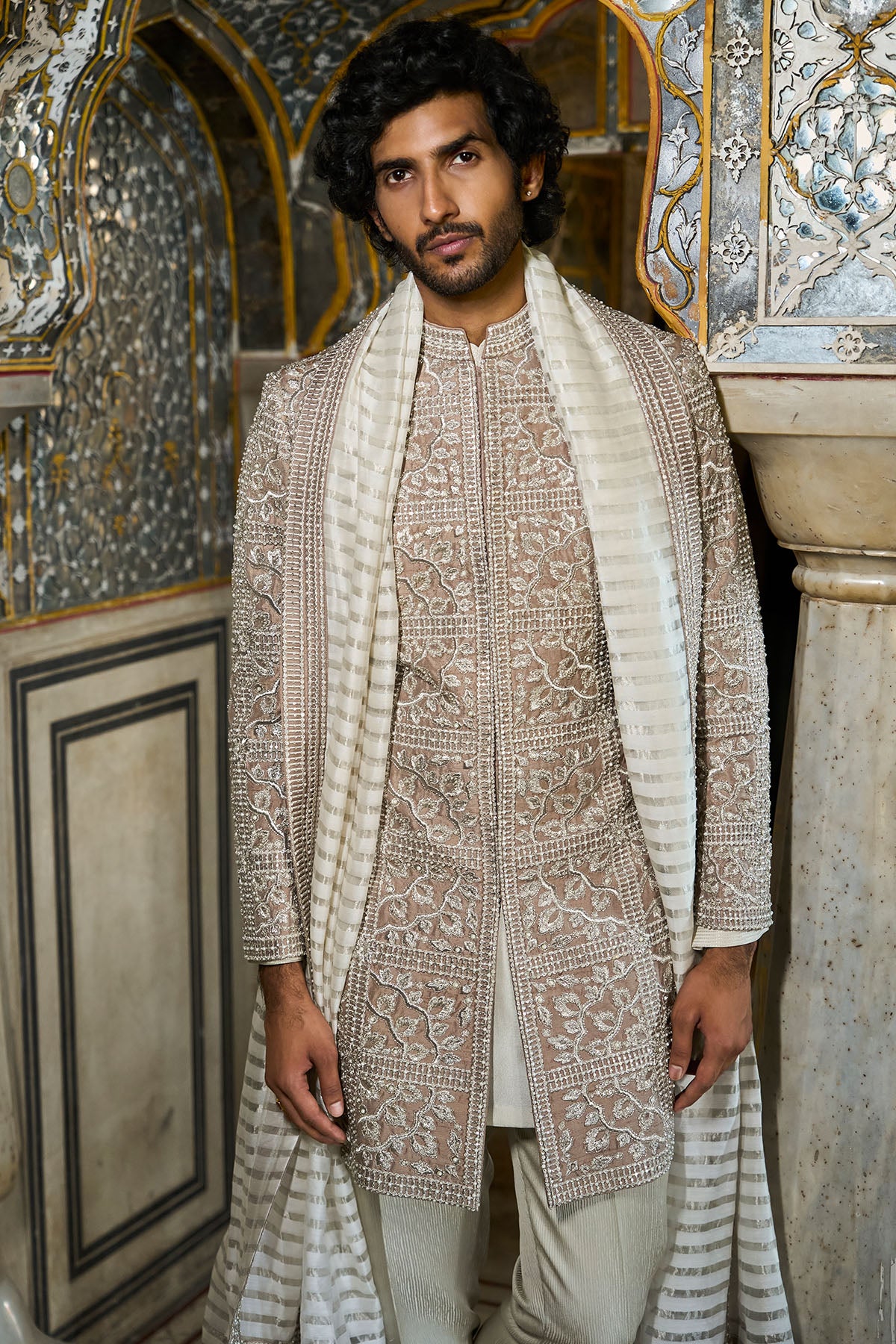 Silver Geometric Sherwani Set