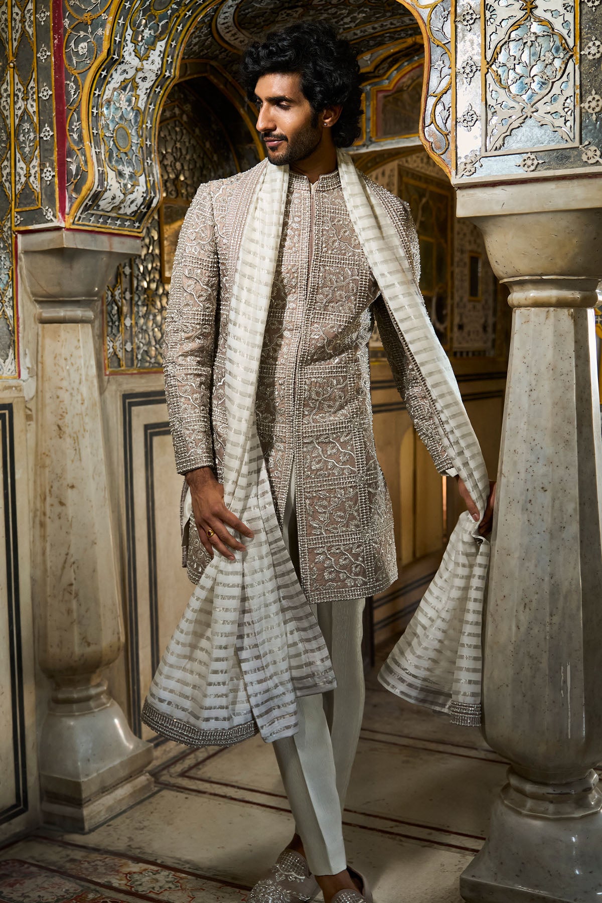 Silver Geometric Sherwani Set