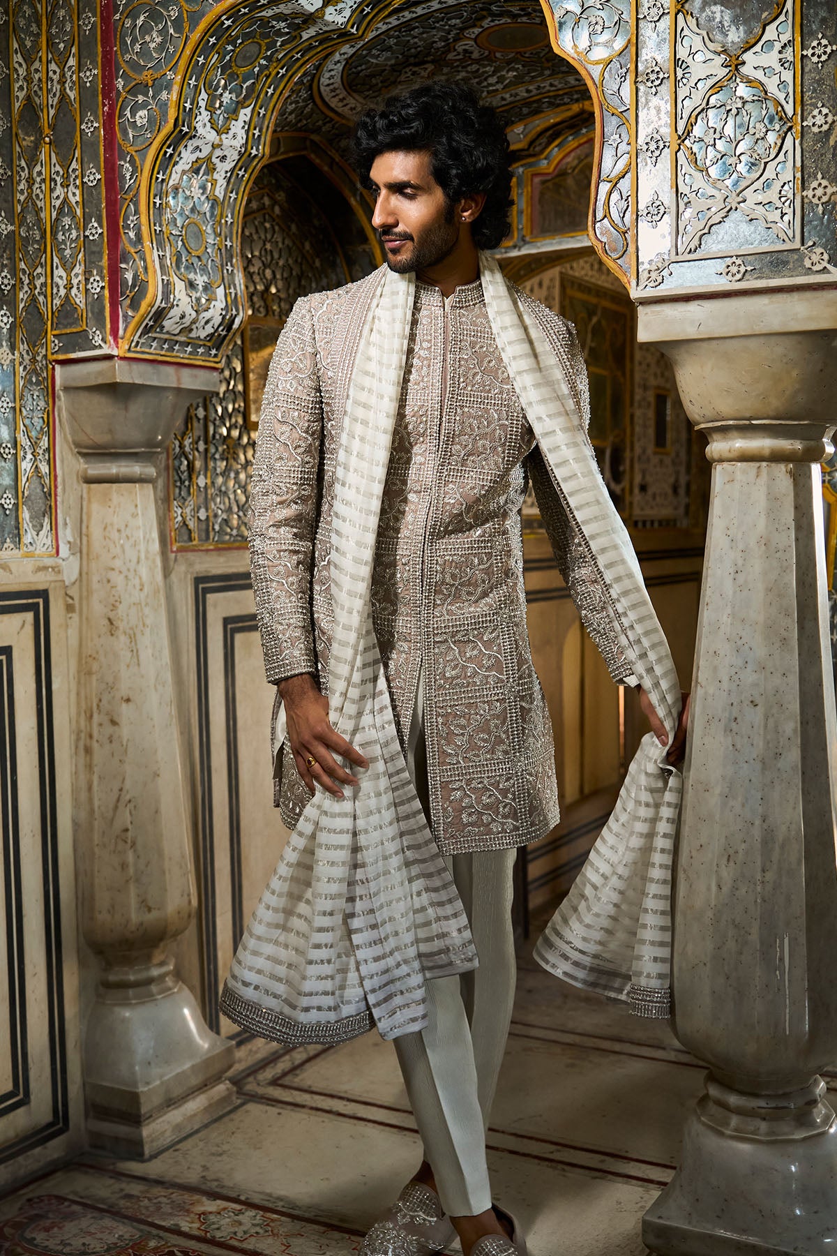 Silver Geometric Sherwani Set