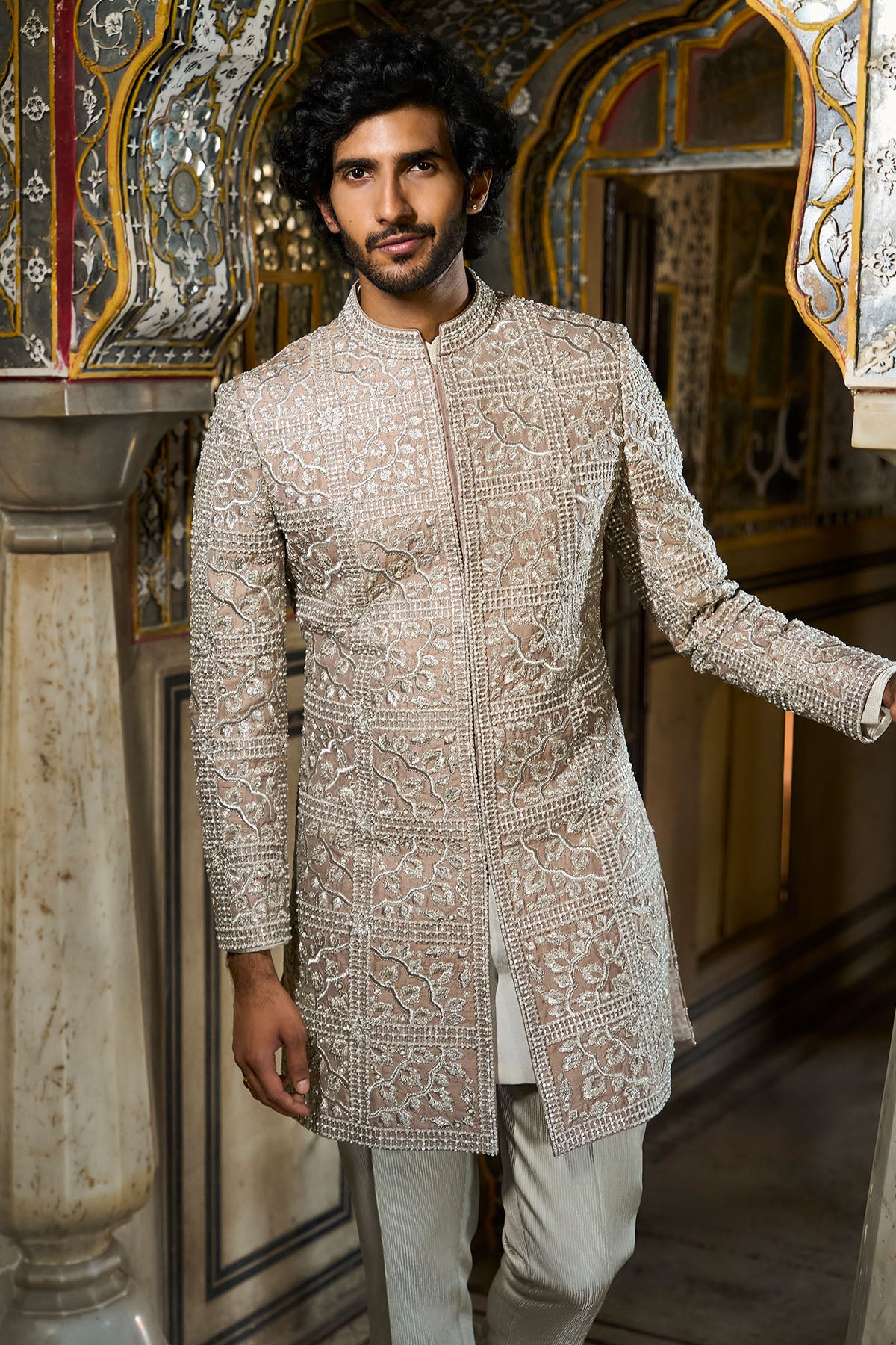 Silver Geometric Sherwani Set