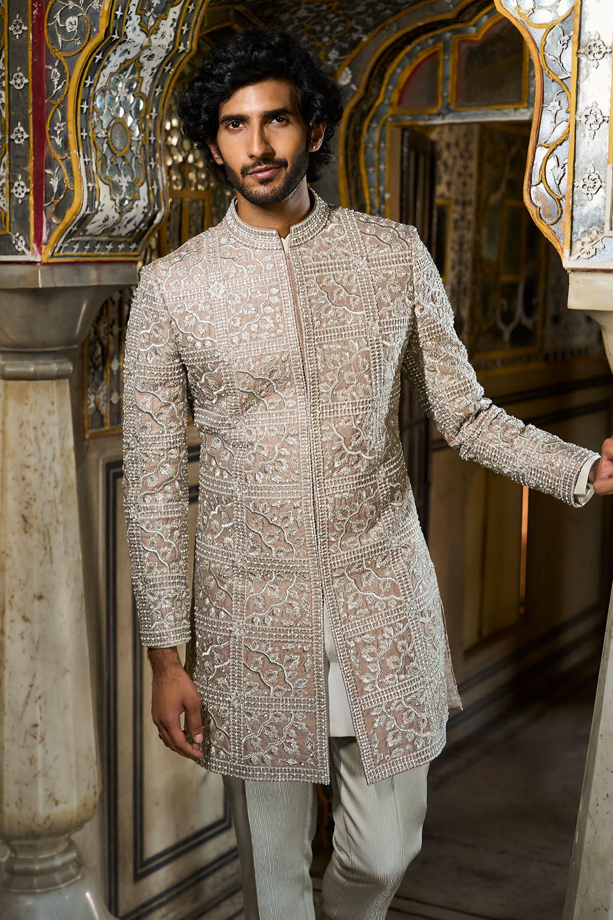 Silver Geometric Sherwani Set