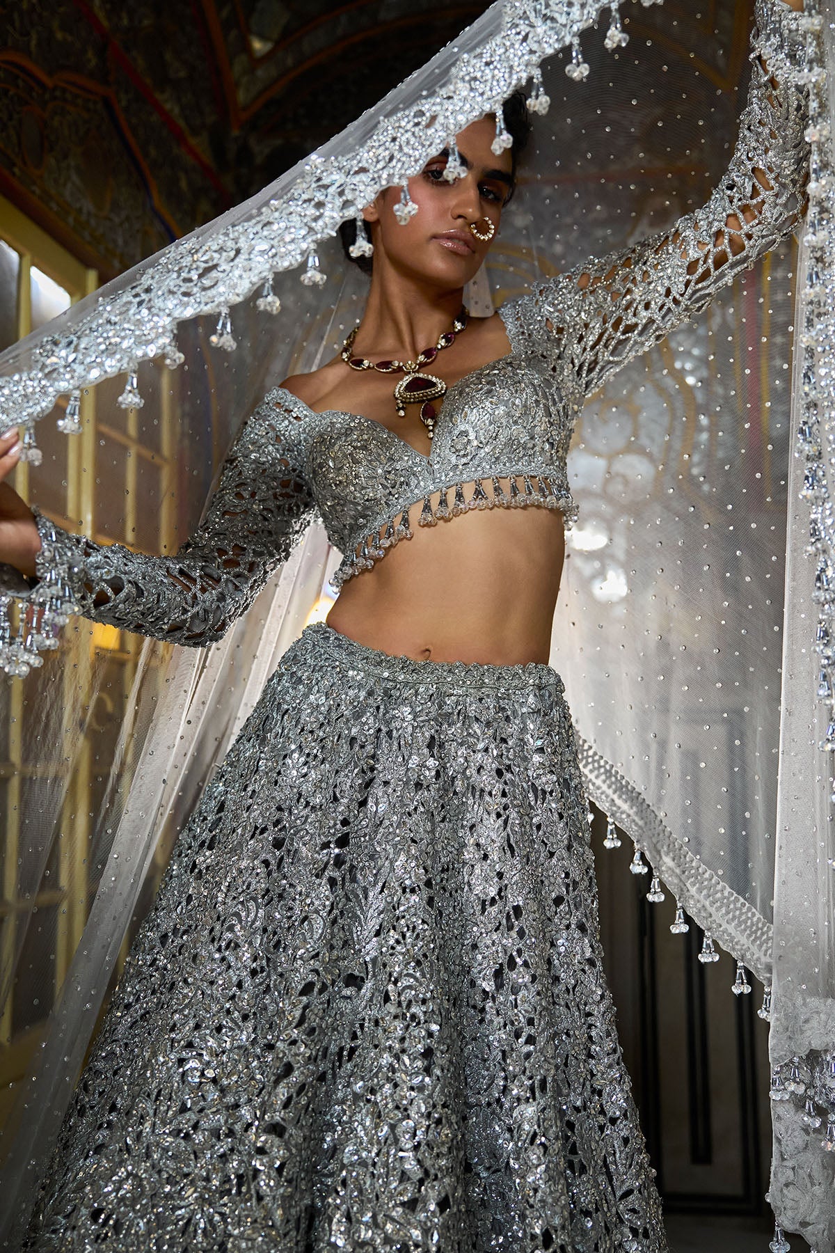 Silver Cut Work Lehenga Set