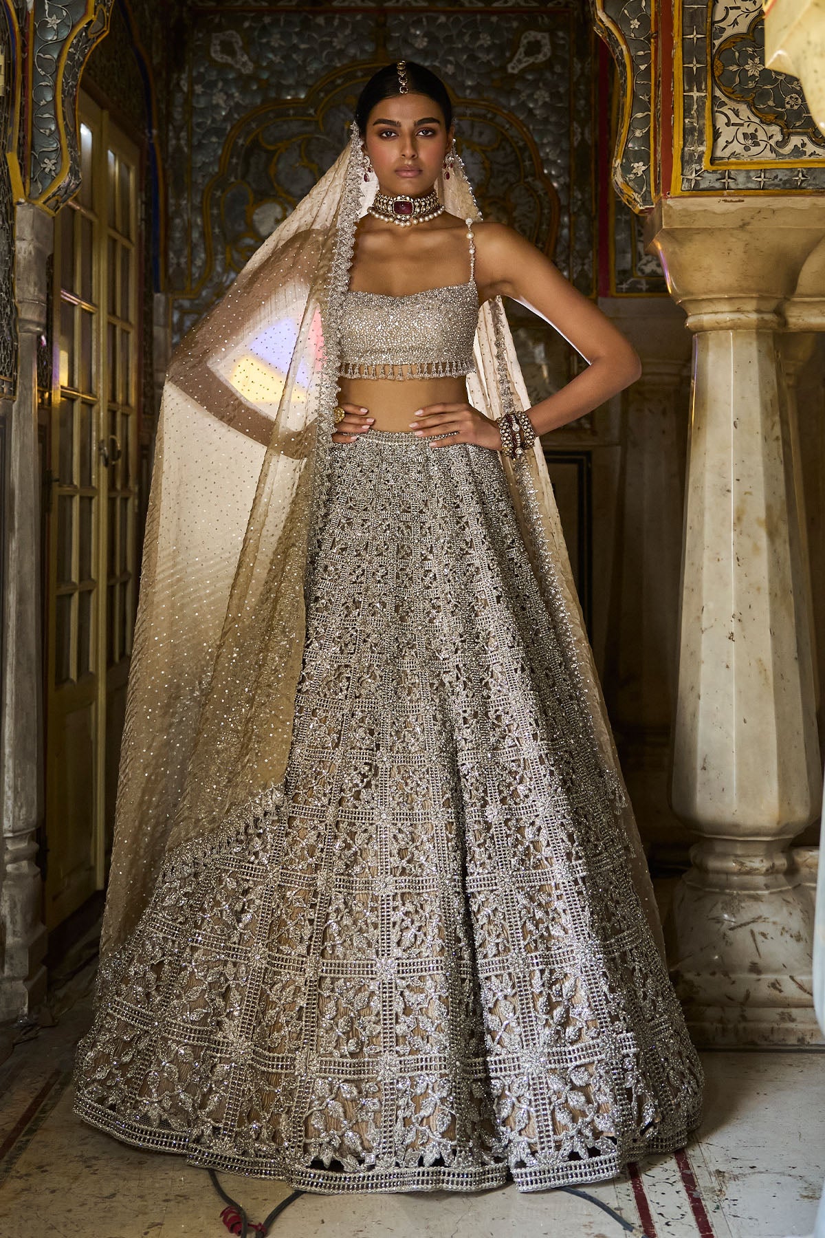 Silver Geometric Cut work Lehenga