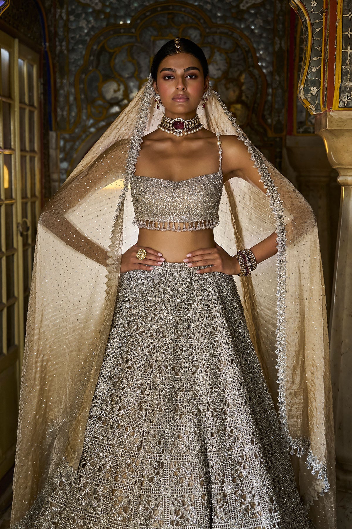 Silver Geometric Cut work Lehenga