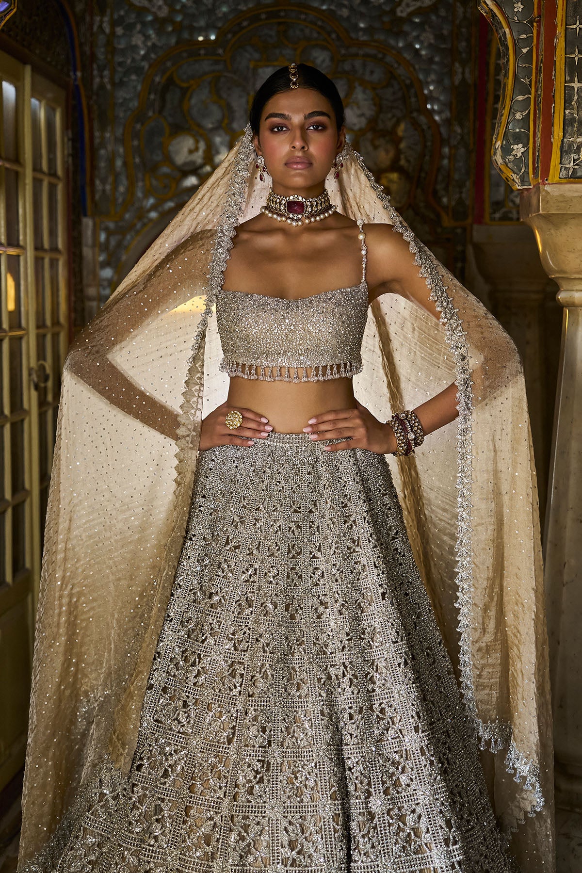 Silver Geometric Cut work Lehenga