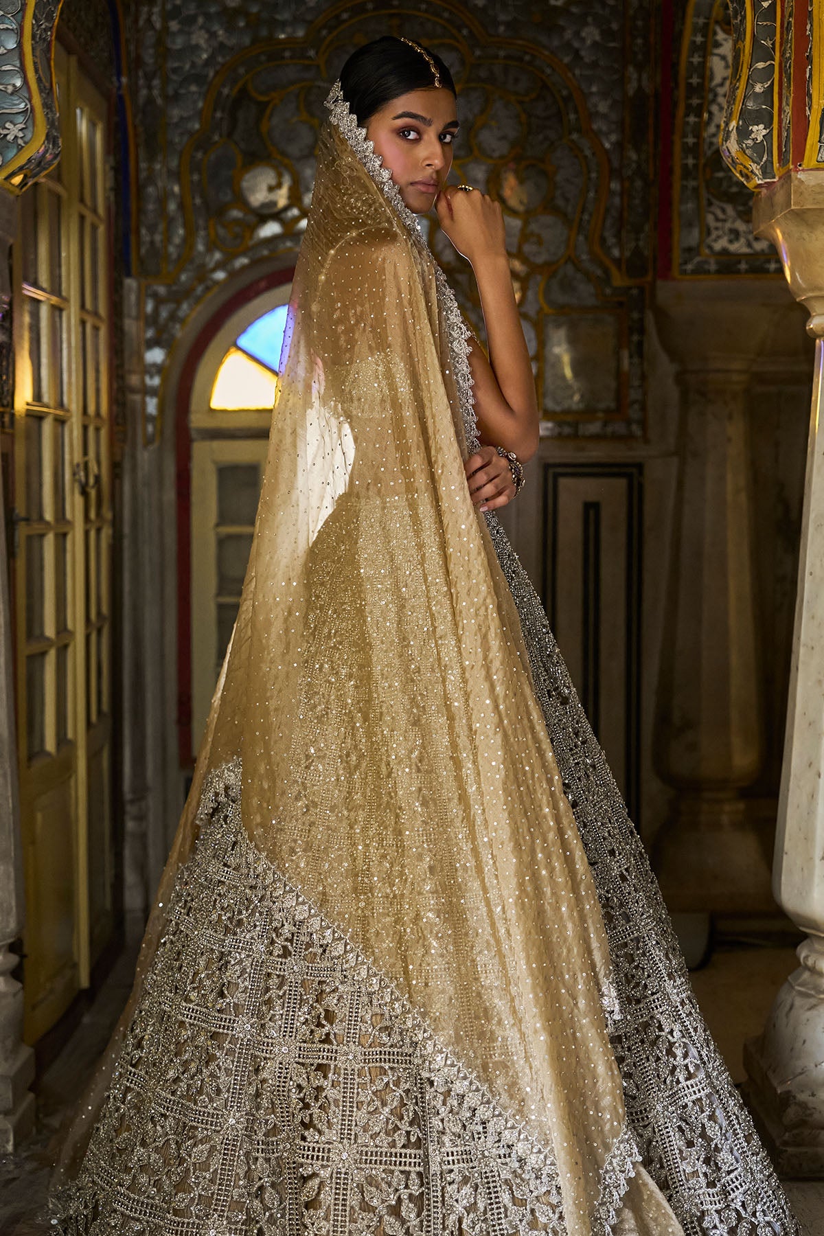 Silver Geometric Cut work Lehenga