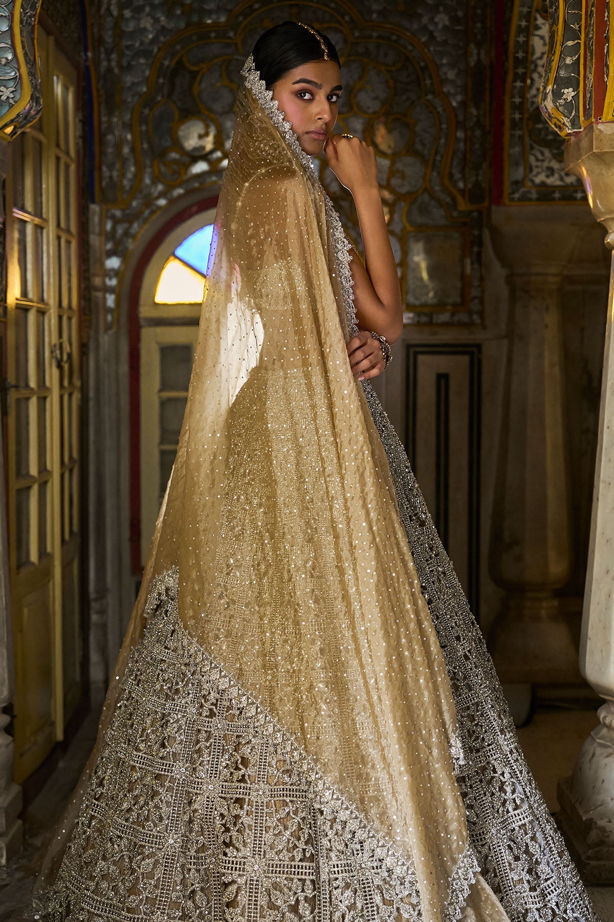 Silver Geometric Cut work Lehenga