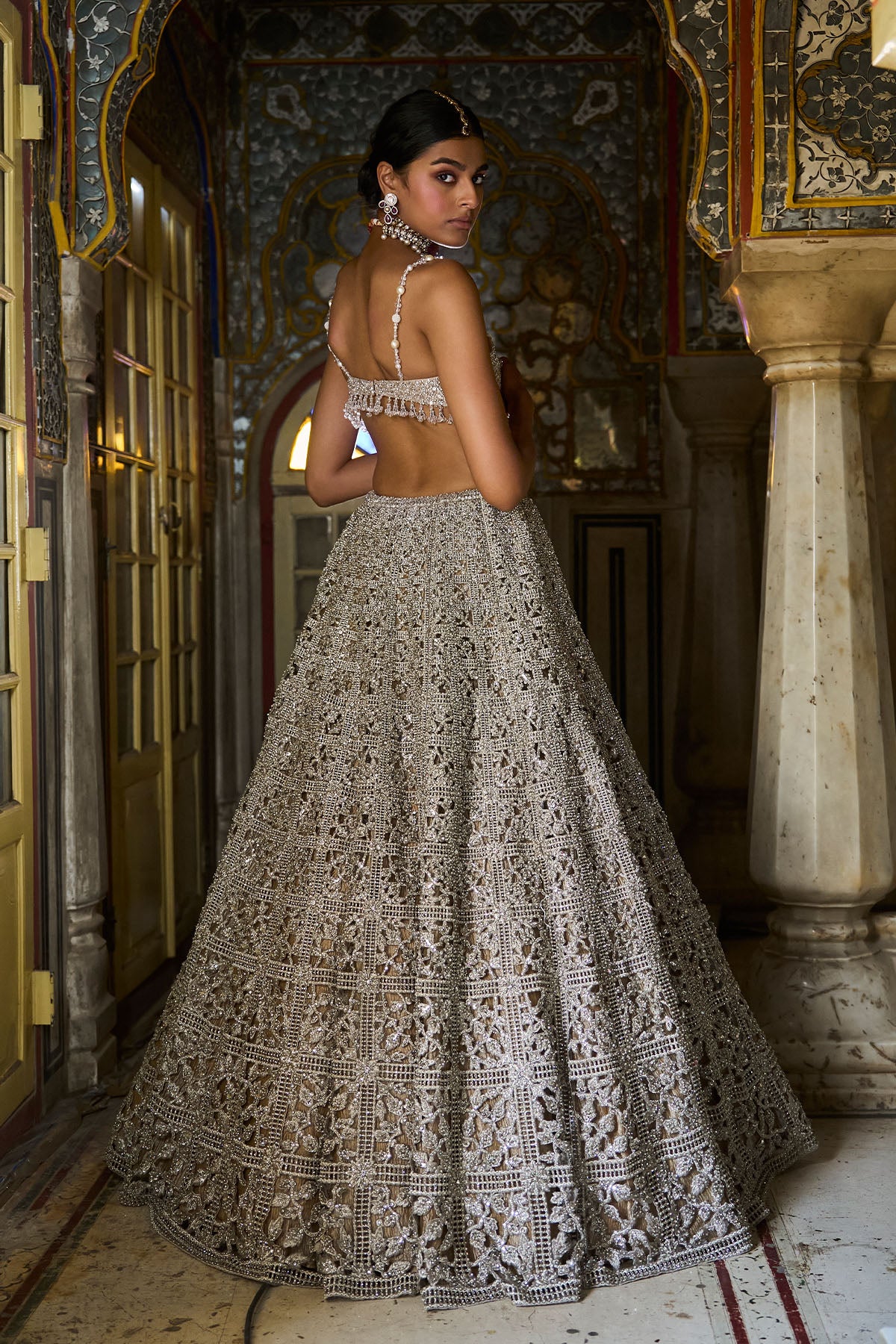 Silver Geometric Cut work Lehenga