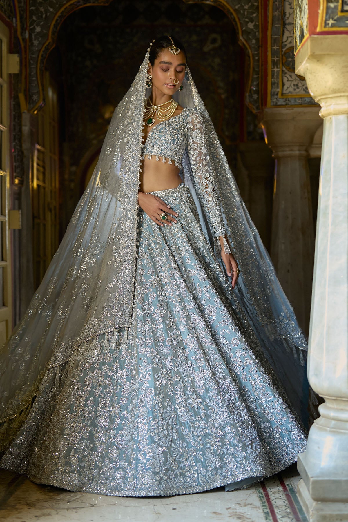 Ice Blue Tissue Lehenga Set