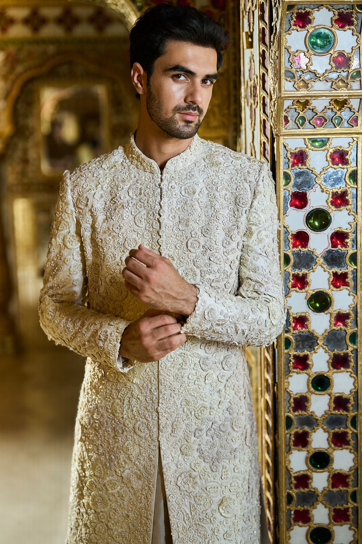 Vinatge Ivorry Three-Dimensional Sherwani Set