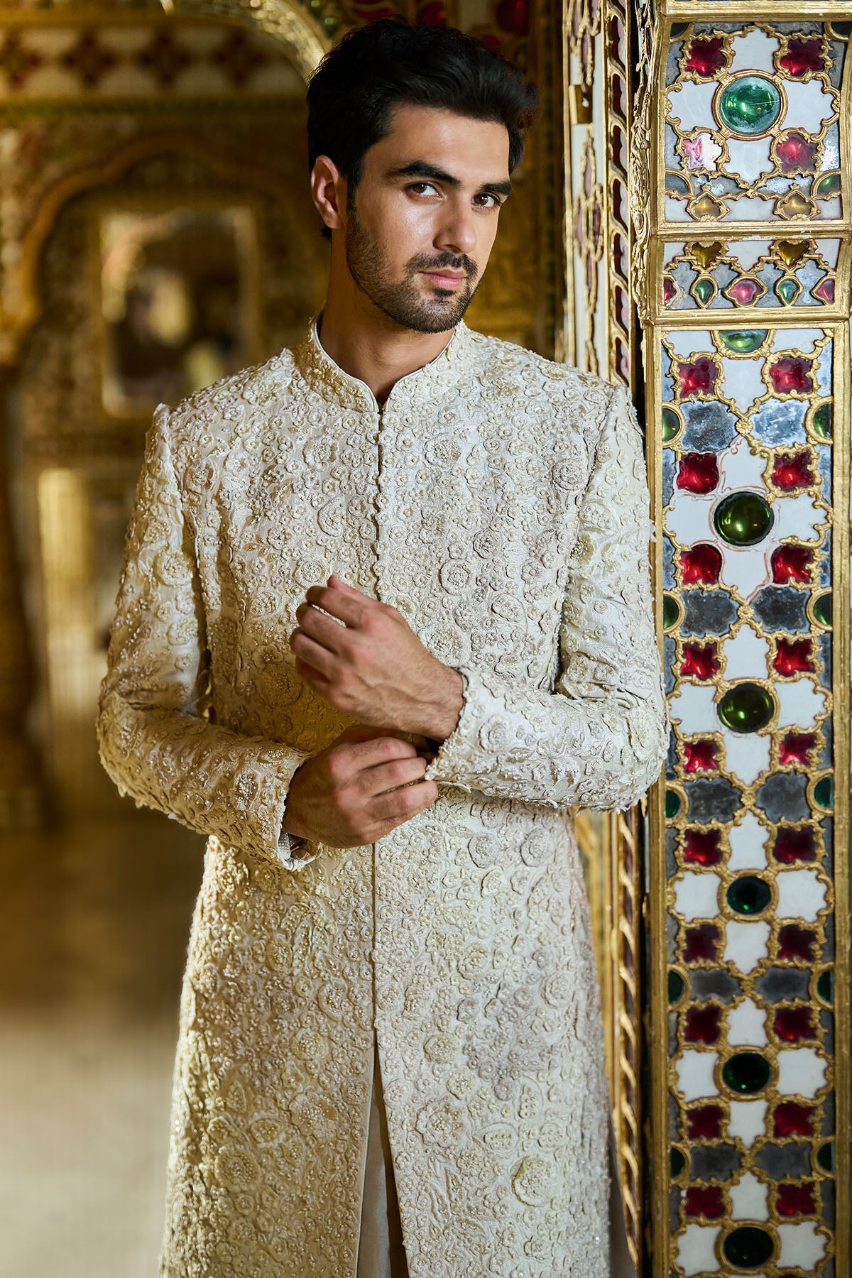 Vinatge Ivorry Three-Dimensional Sherwani Set