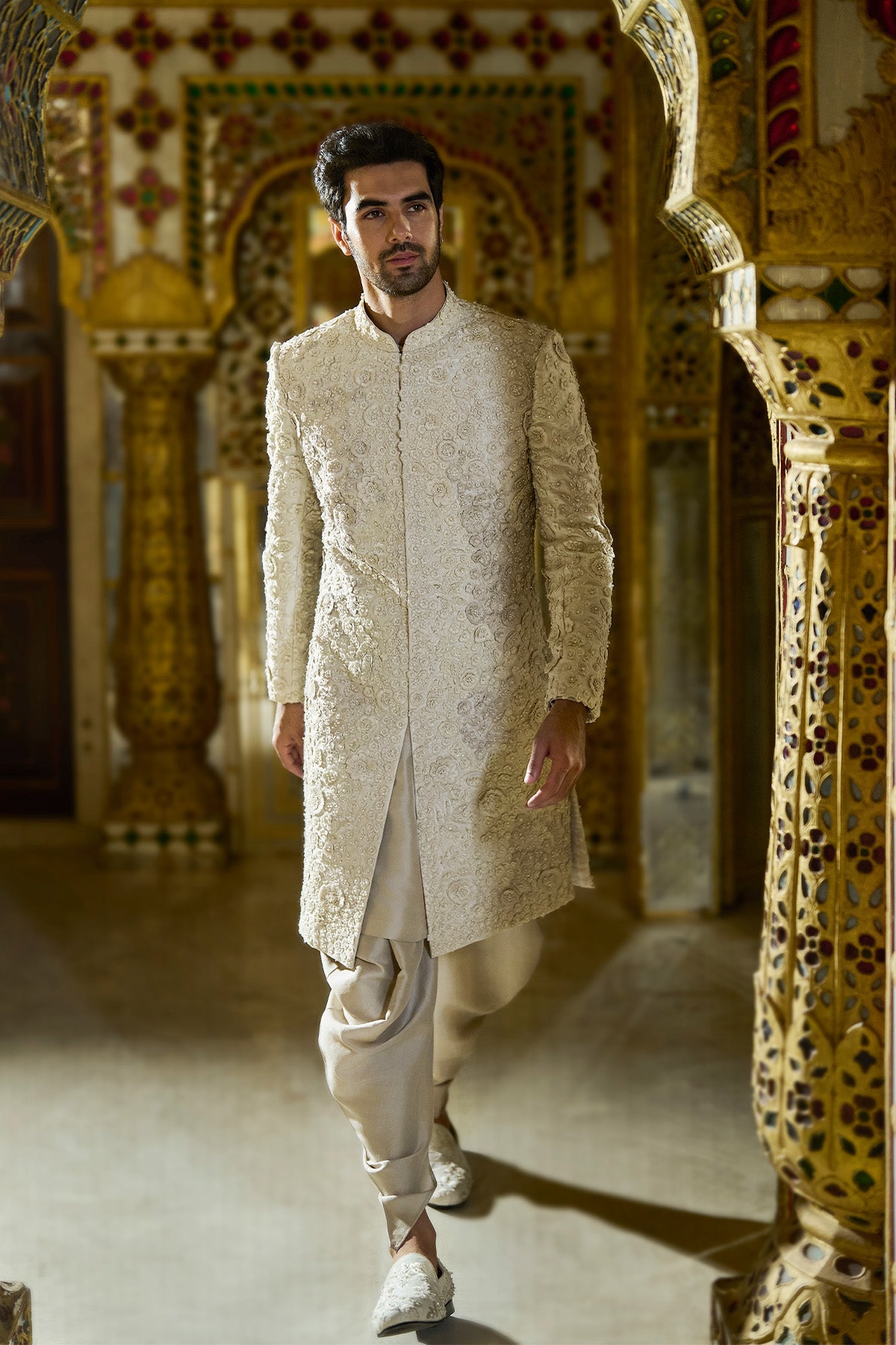 Vinatge Ivorry Three-Dimensional Sherwani Set