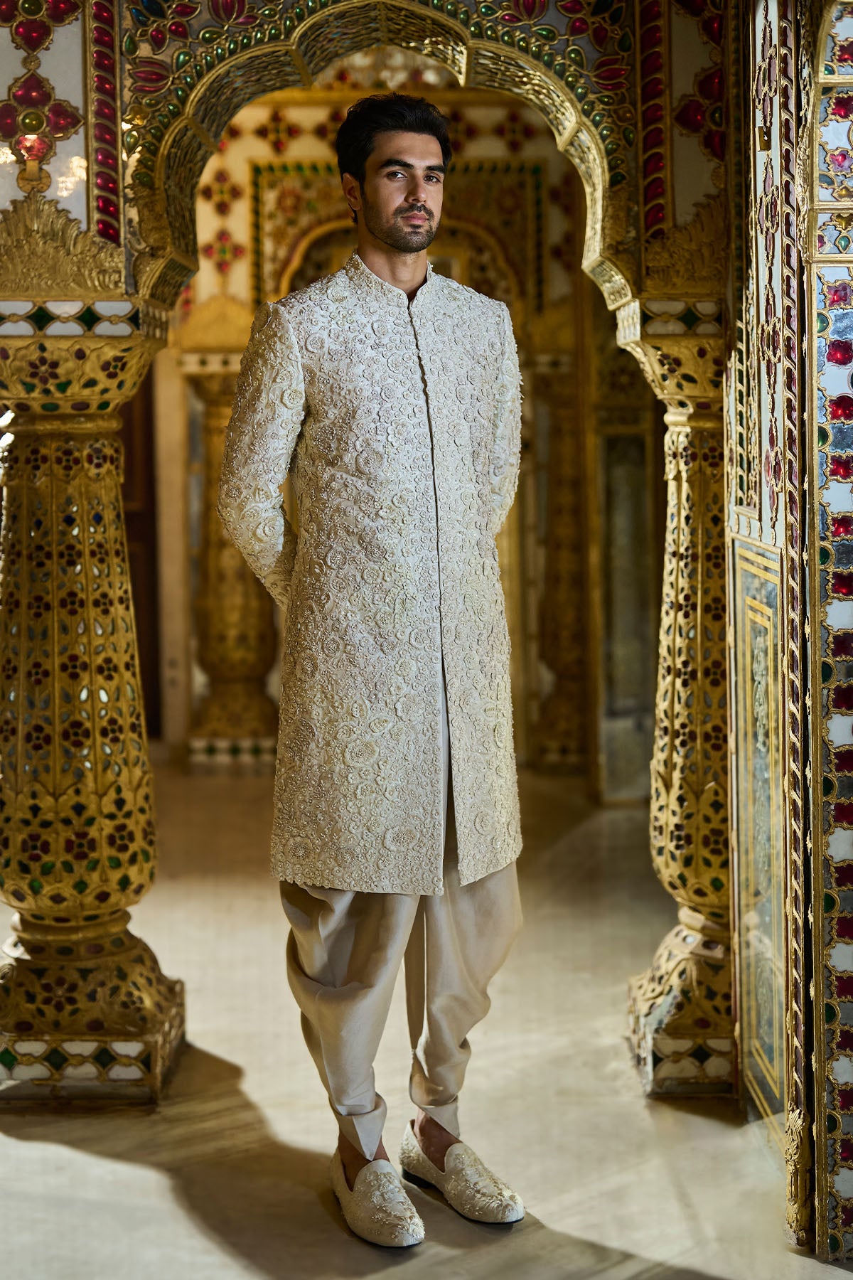 Vinatge Ivorry Three-Dimensional Sherwani Set