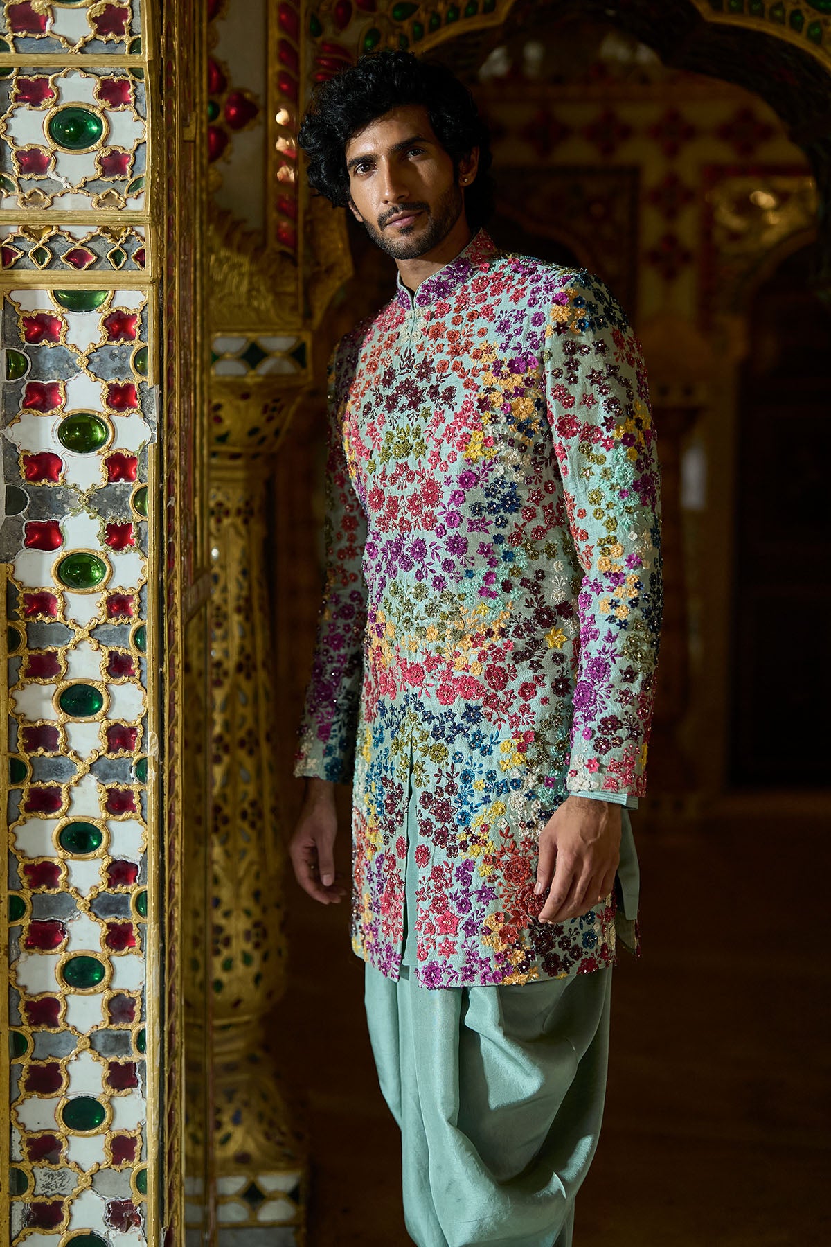 Sage Green Multi- Coloured Three-Dimenisonal Sherwani Set