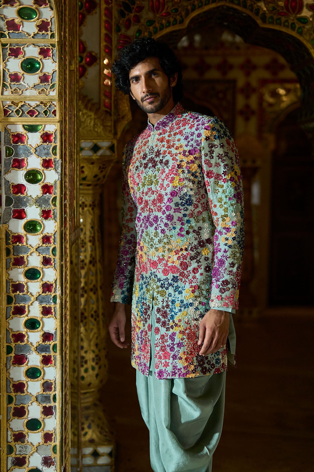 Sage Green Multi- Coloured Three-Dimenisonal Sherwani Set