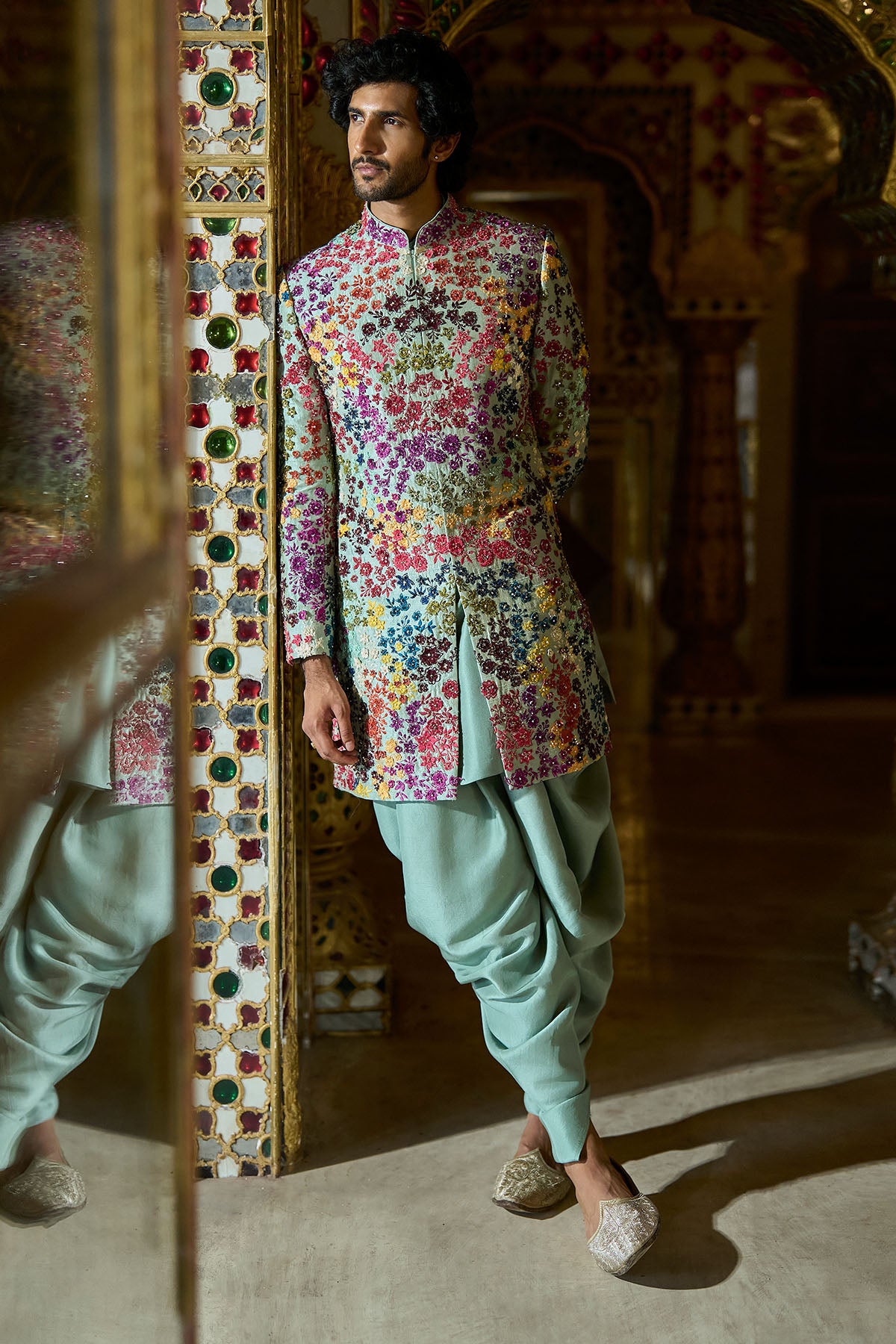 Sage Green Multi- Coloured Three-Dimenisonal Sherwani Set